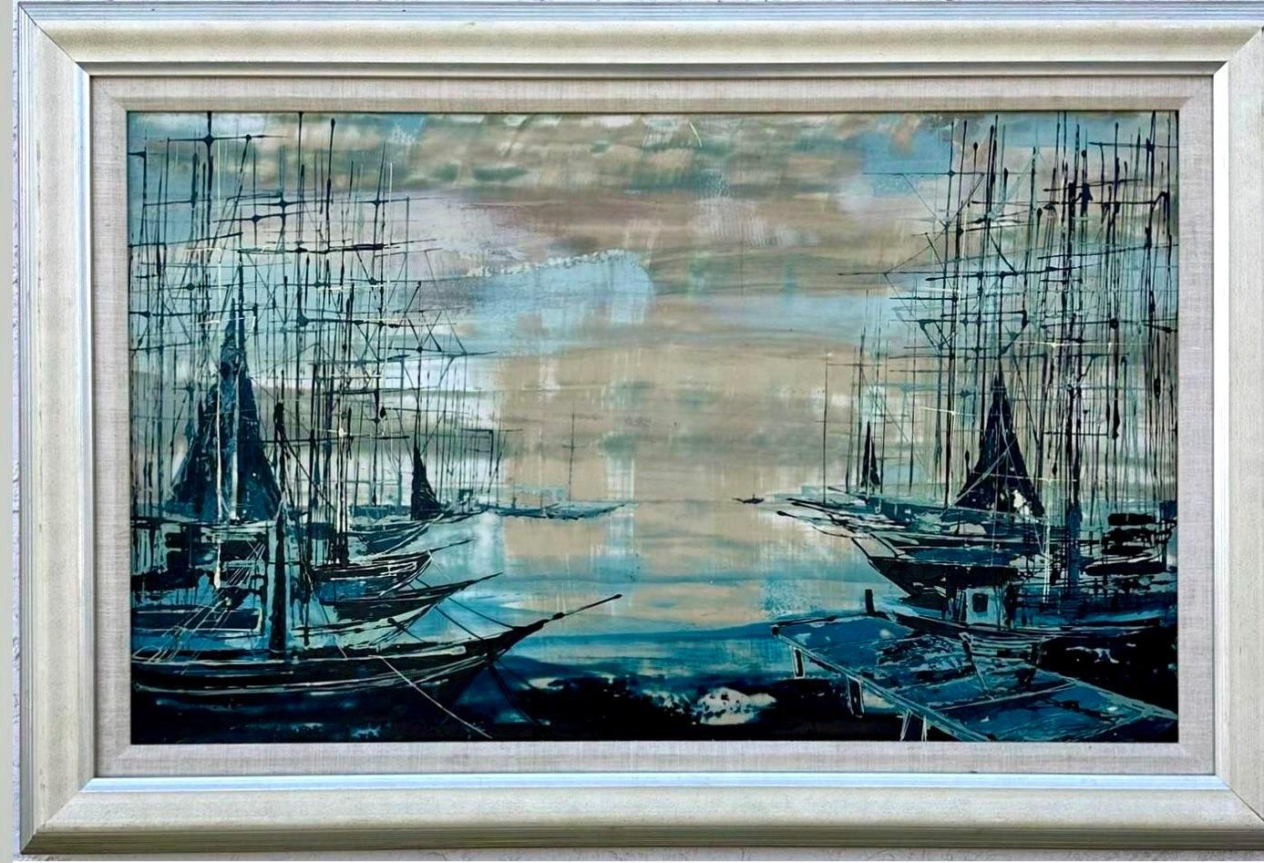 Tela Olio su tela con paesaggio marino astratto vintage Boho in vendita