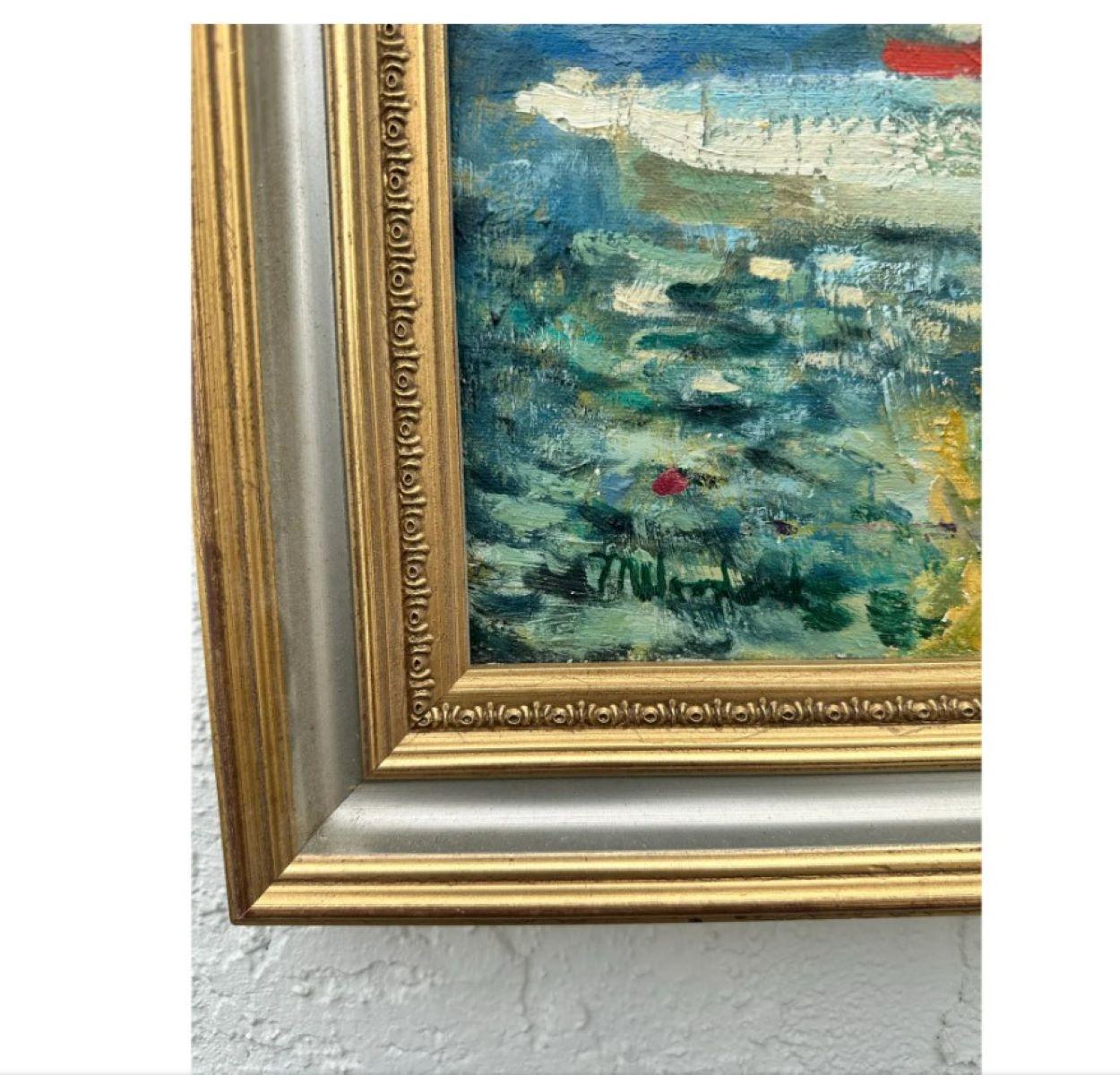 Vintage Boho Paisaje marino abstracto Óleo sobre lienzo en Bueno estado para la venta en west palm beach, FL