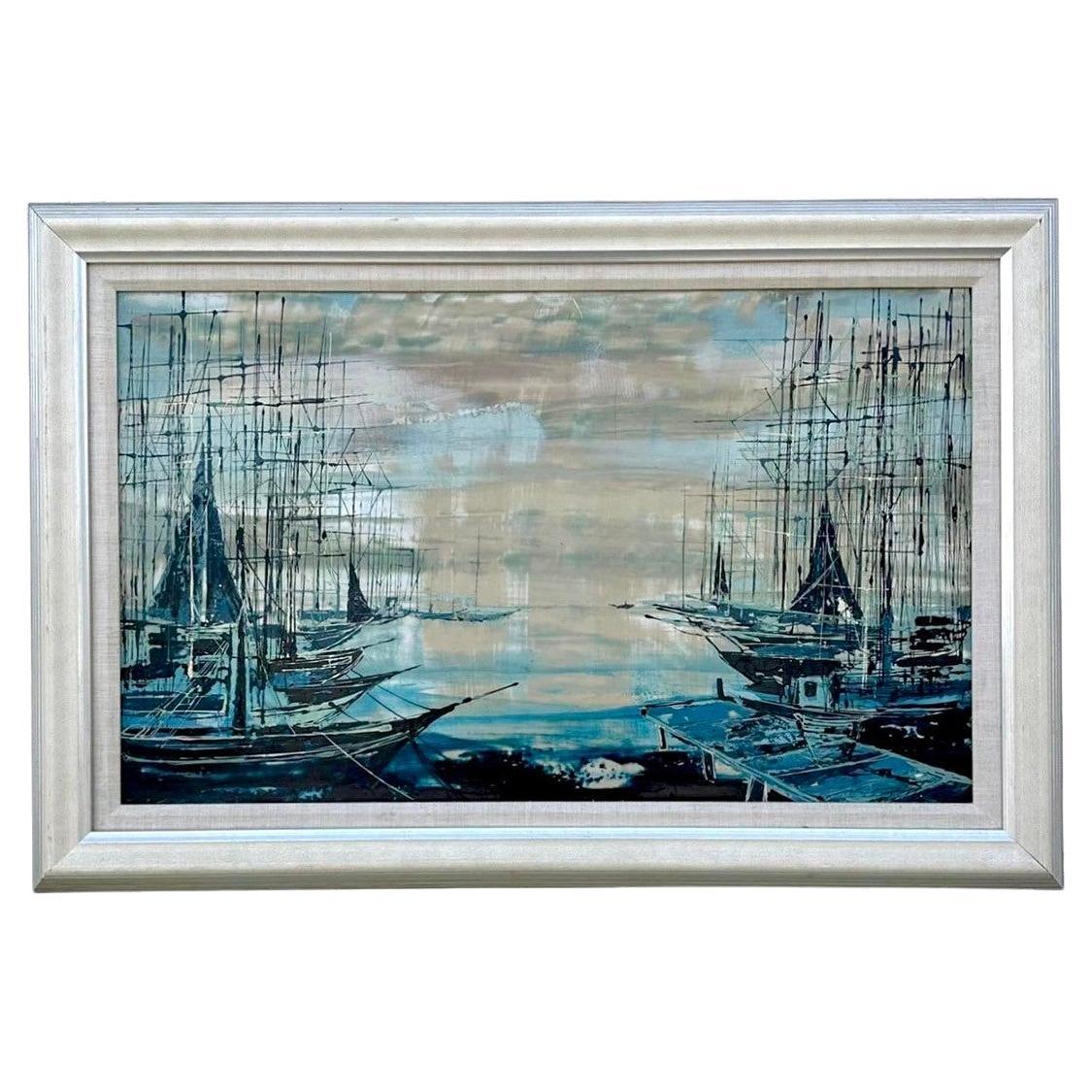 Olio su tela con paesaggio marino astratto vintage Boho