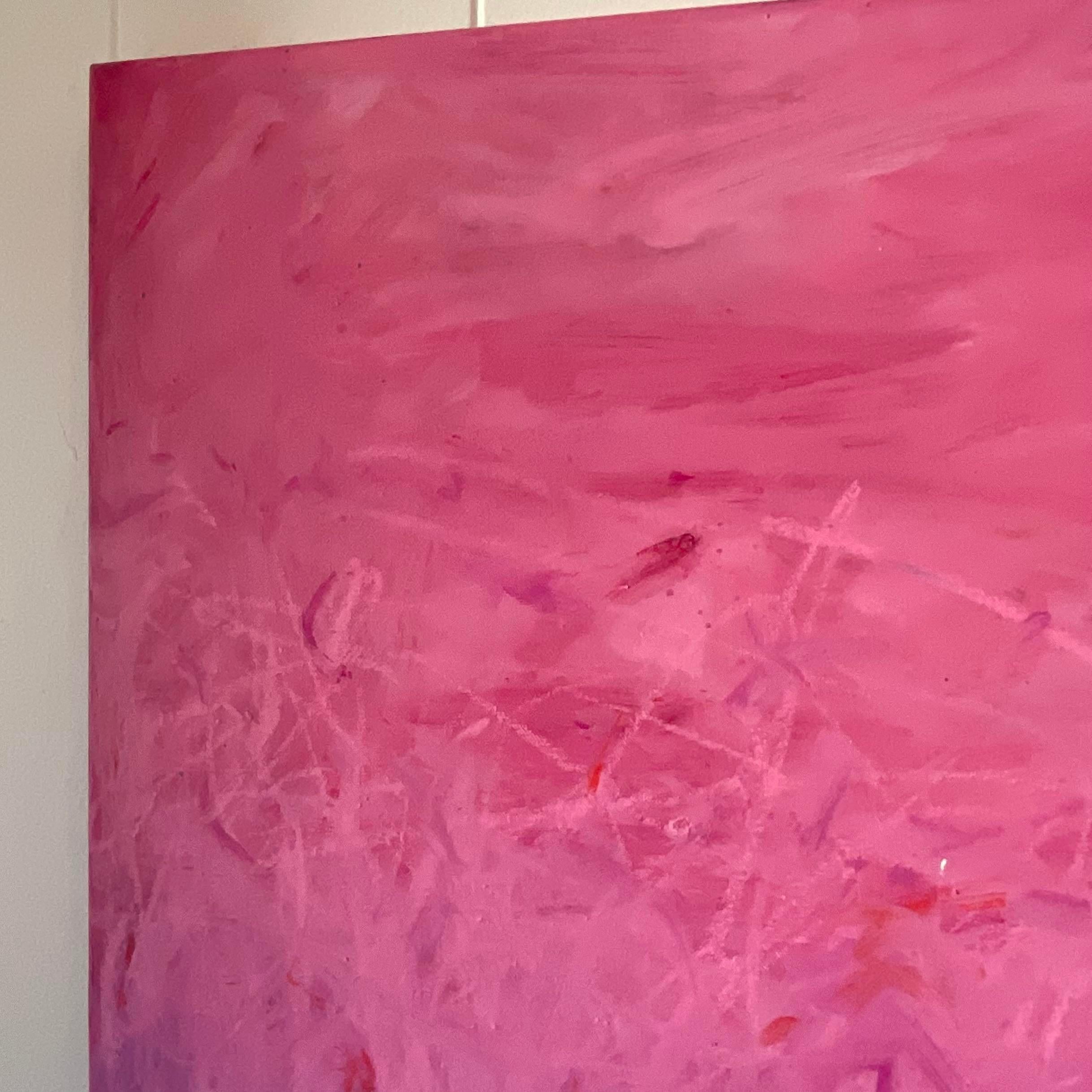 A stunning vintage Boho original oil painting on canvas. A chic Abstract composition in brilliant shades of pink and blue. Signed by the artist Schwartz. Acquired from a Palm Beach estate.