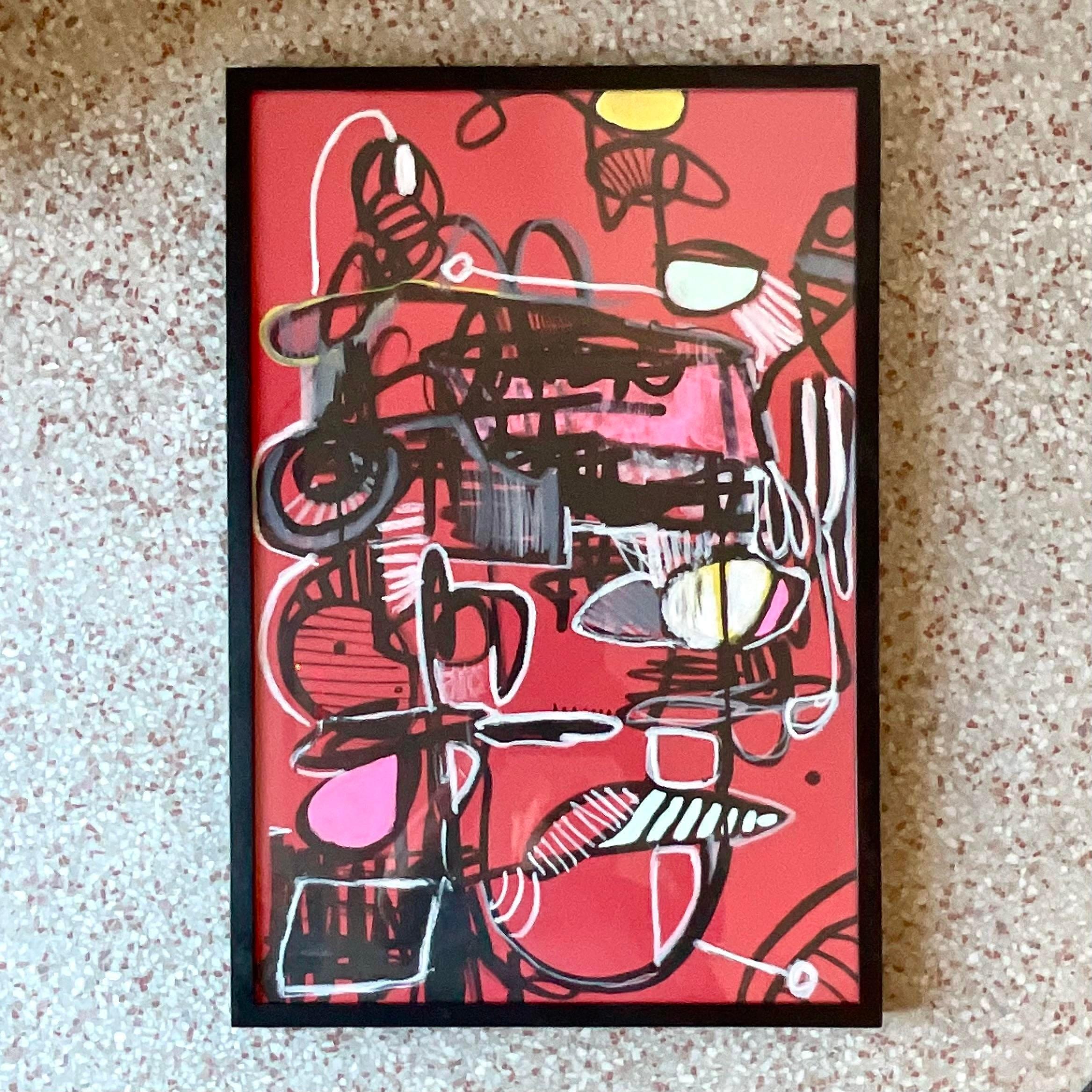 A fantastic vintage Boho original oil painting of paper. A chic Abstract composition in bright graphic colors. Signed by the artist Munoz. Acquired from a Palm Beach estate.