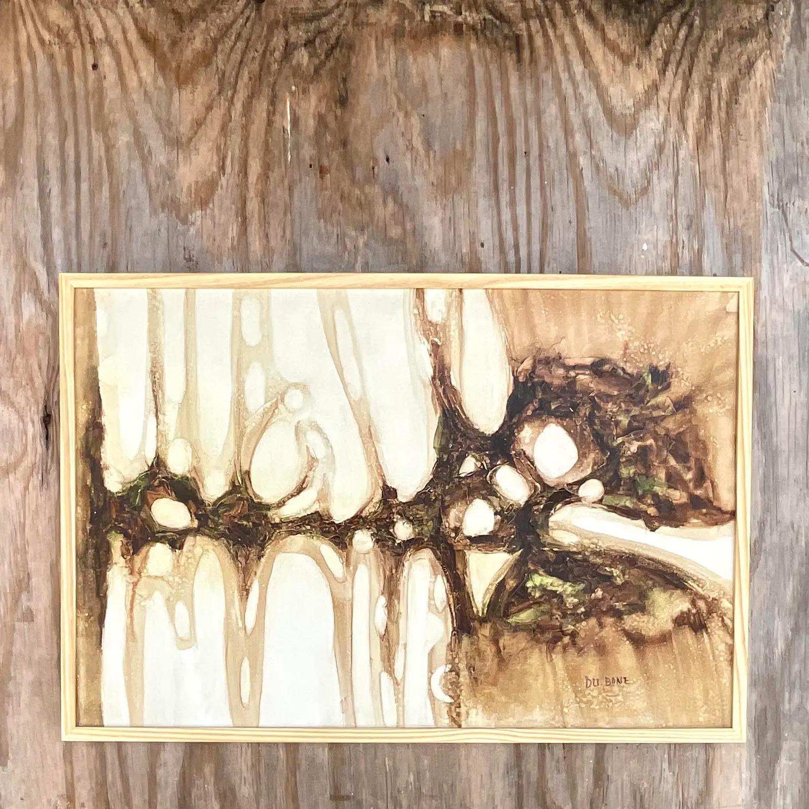 Fantastic vintage Boho painting. An aboriginal Abstract oil signed by the artist. Beautiful neutral color composition with the smallest flashes of green. Acquired from a Palm Beach estate