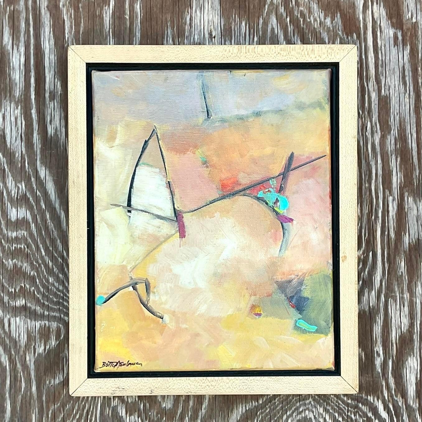 A fabulous vintage Boho Original oil painting. A chic Abstract composition signed by the artist. Acquired from a Palm Beach estate.