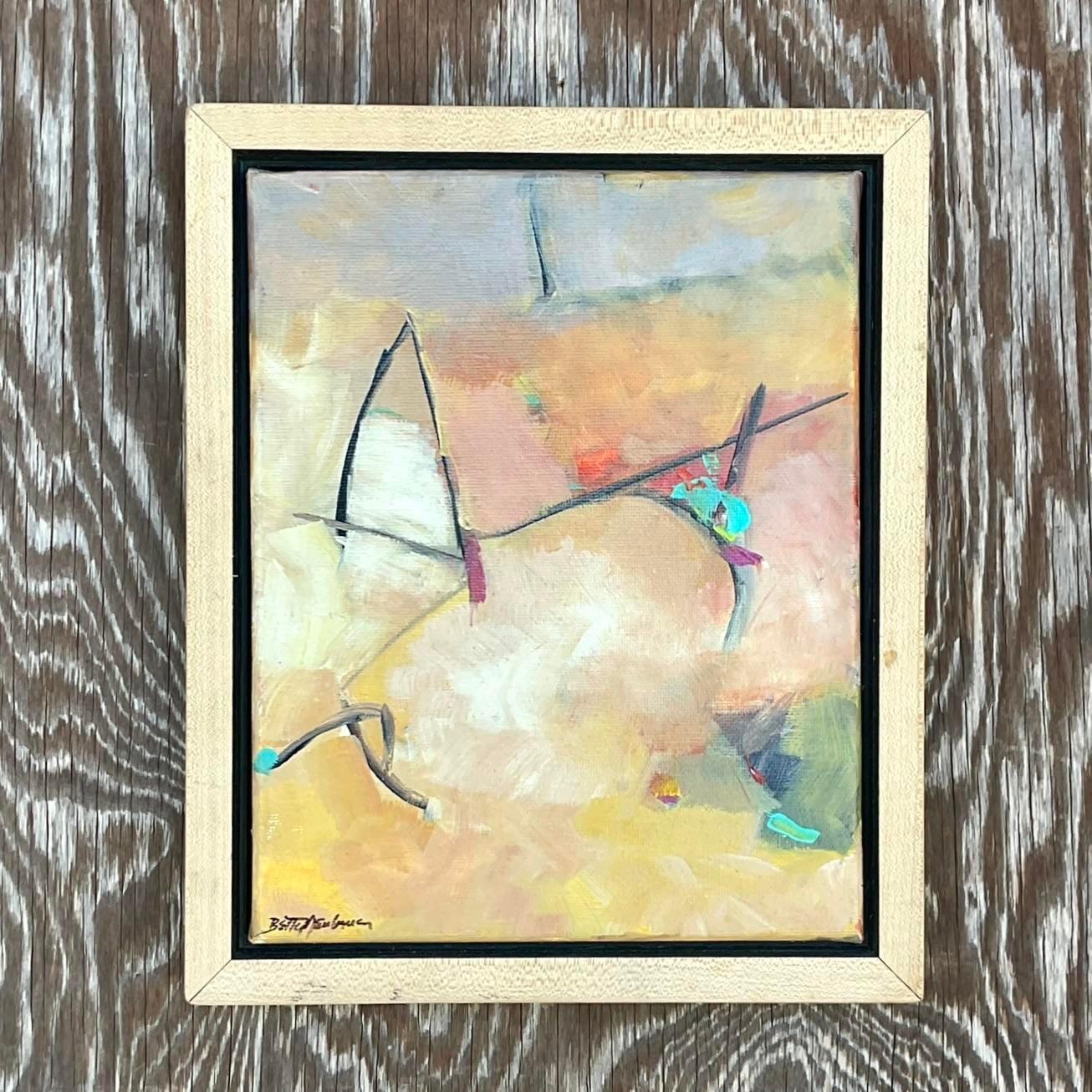 American Vintage Boho Abstract Signed Original Oil Painting For Sale