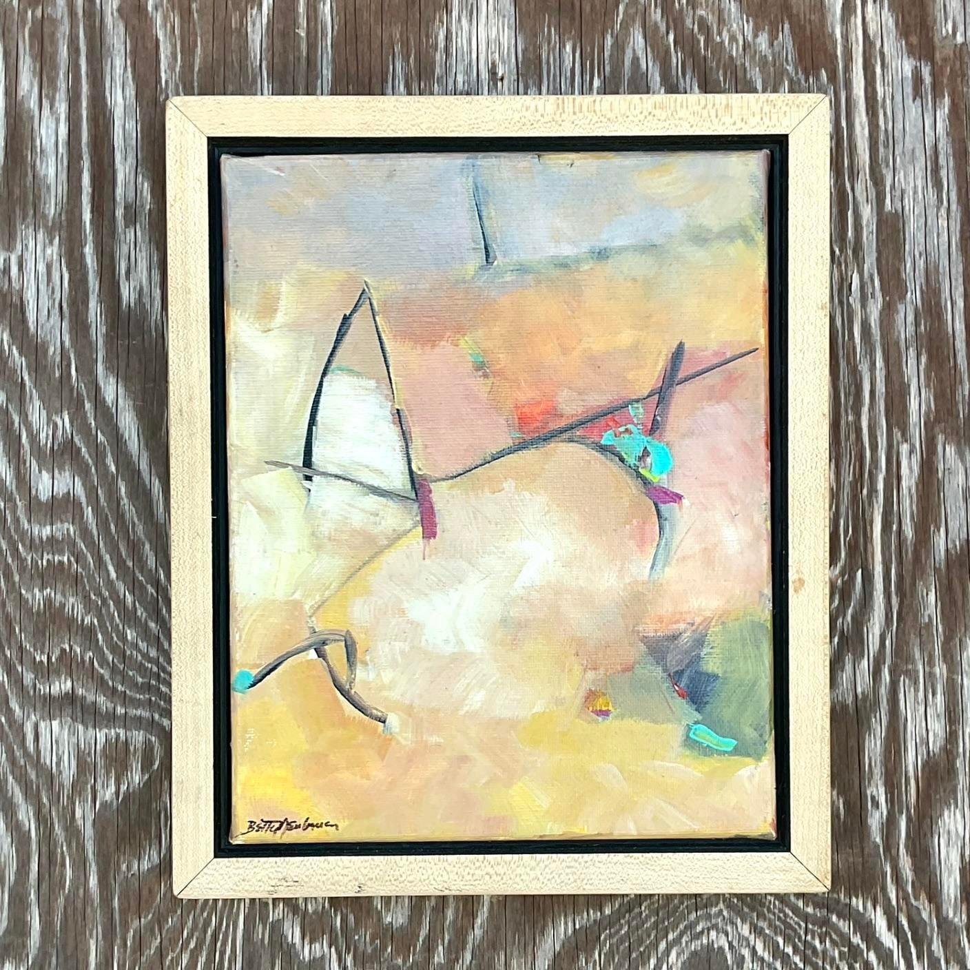 Vintage Boho Abstract Signed Original Oil Painting In Good Condition For Sale In west palm beach, FL
