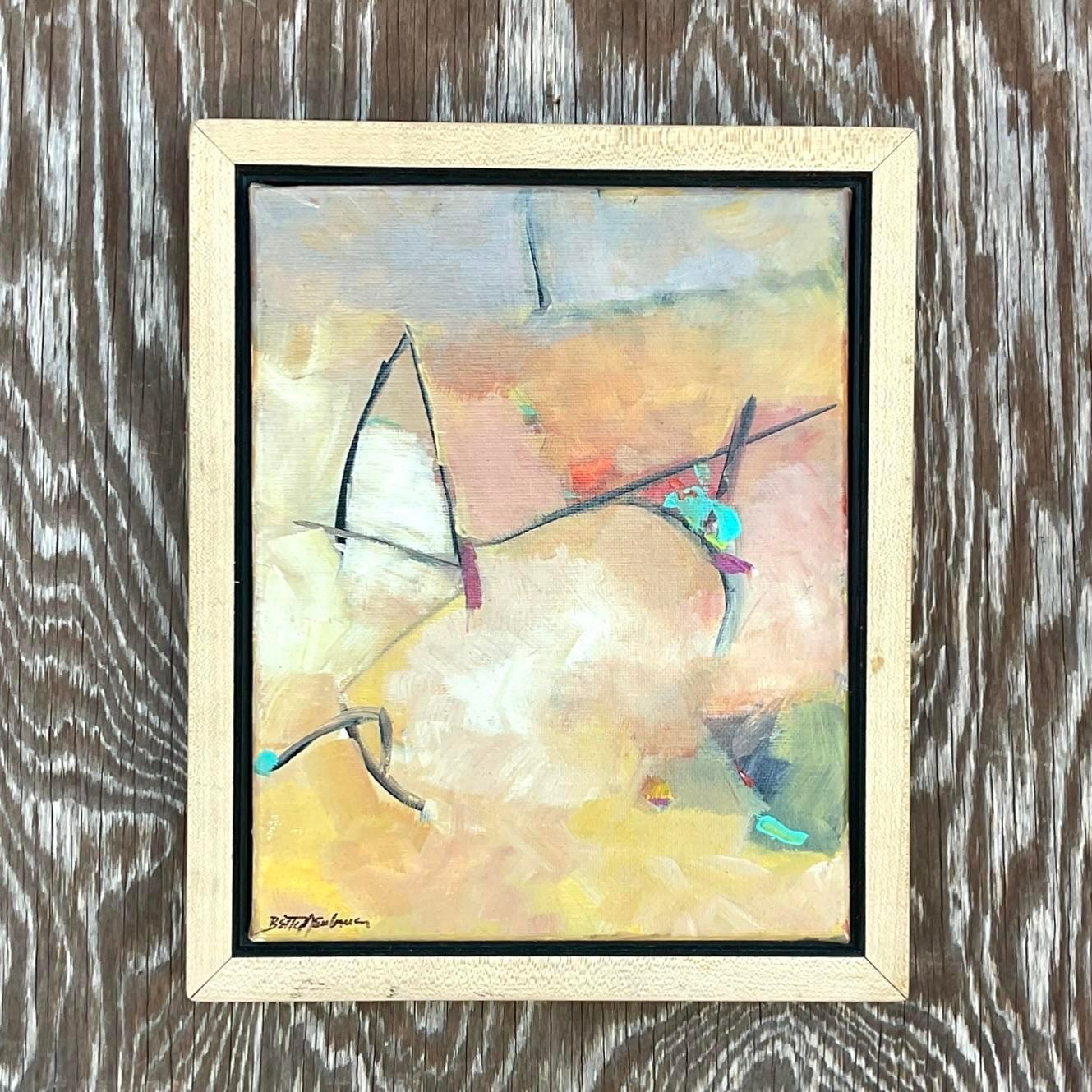 Canvas Vintage Boho Abstract Signed Original Oil Painting For Sale