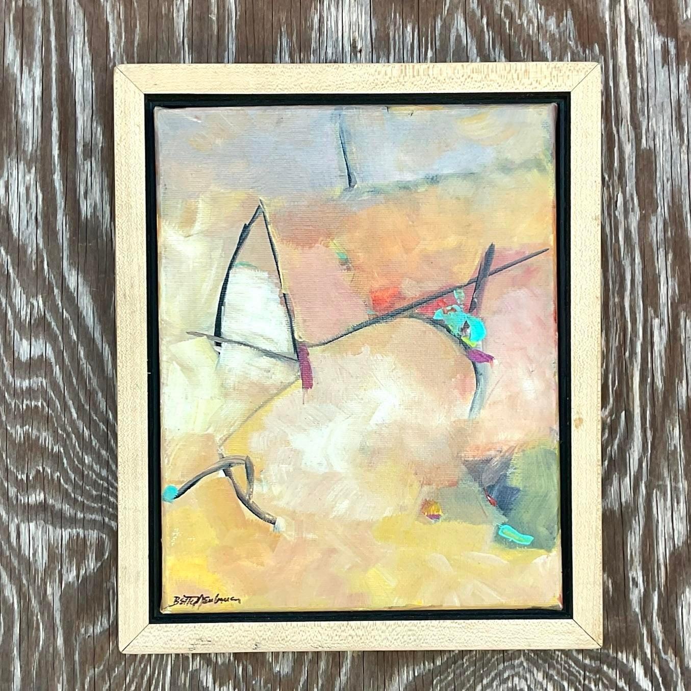 Vintage Boho Abstract Signed Original Oil Painting For Sale 2