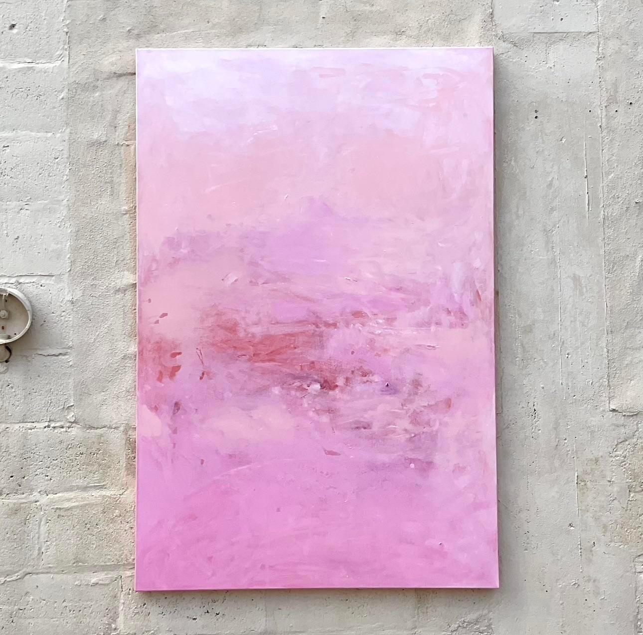 A fantastic vintage Boho signed original oil painting. A beautiful Abstract composition in brilliant shades of pink. Signed on the back and titled 