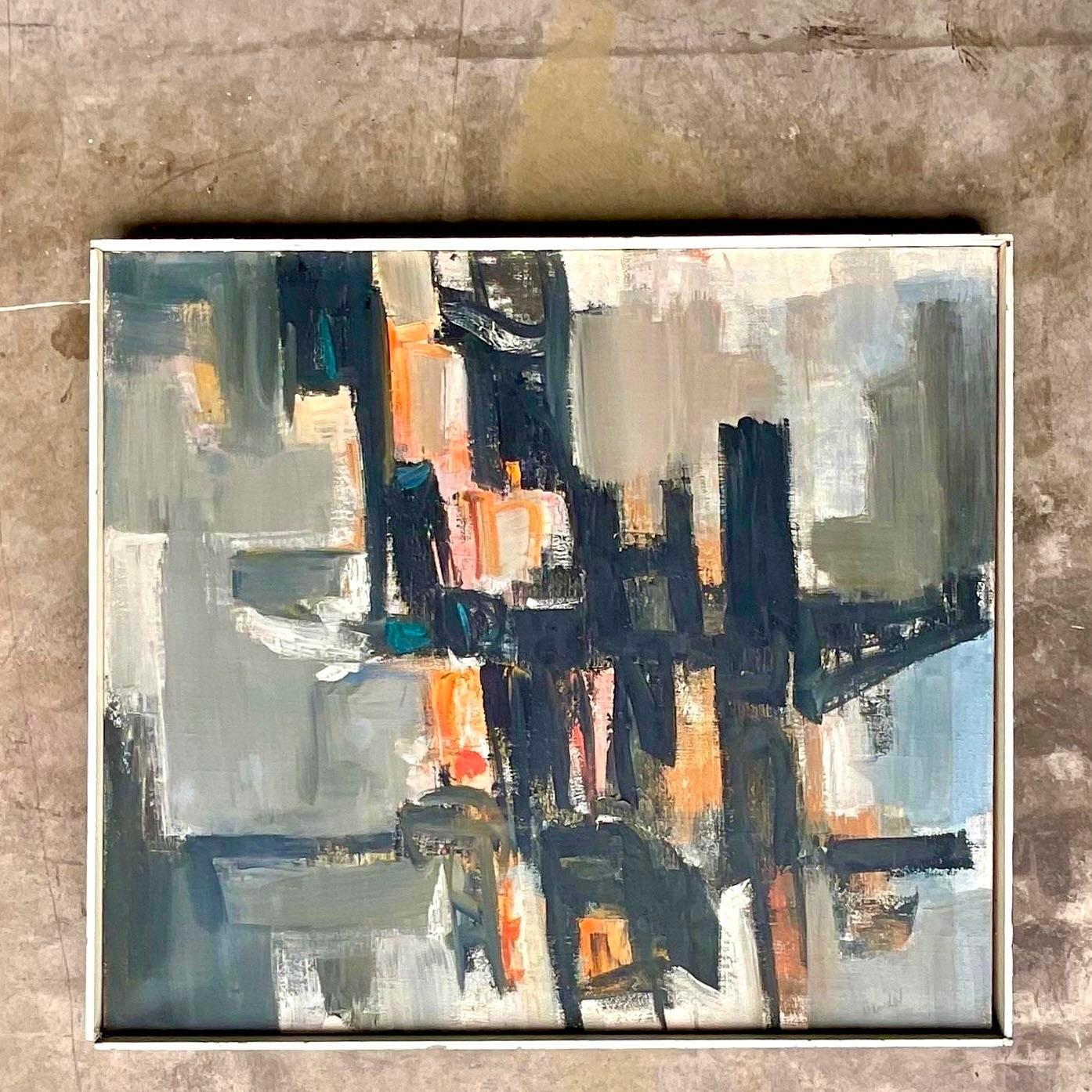 A fabulous vintage Boho original oil painting on canvas. A chic Abstract composition in dark bold colors. Signed by the artist. Acquired from a Palm Beach estate.