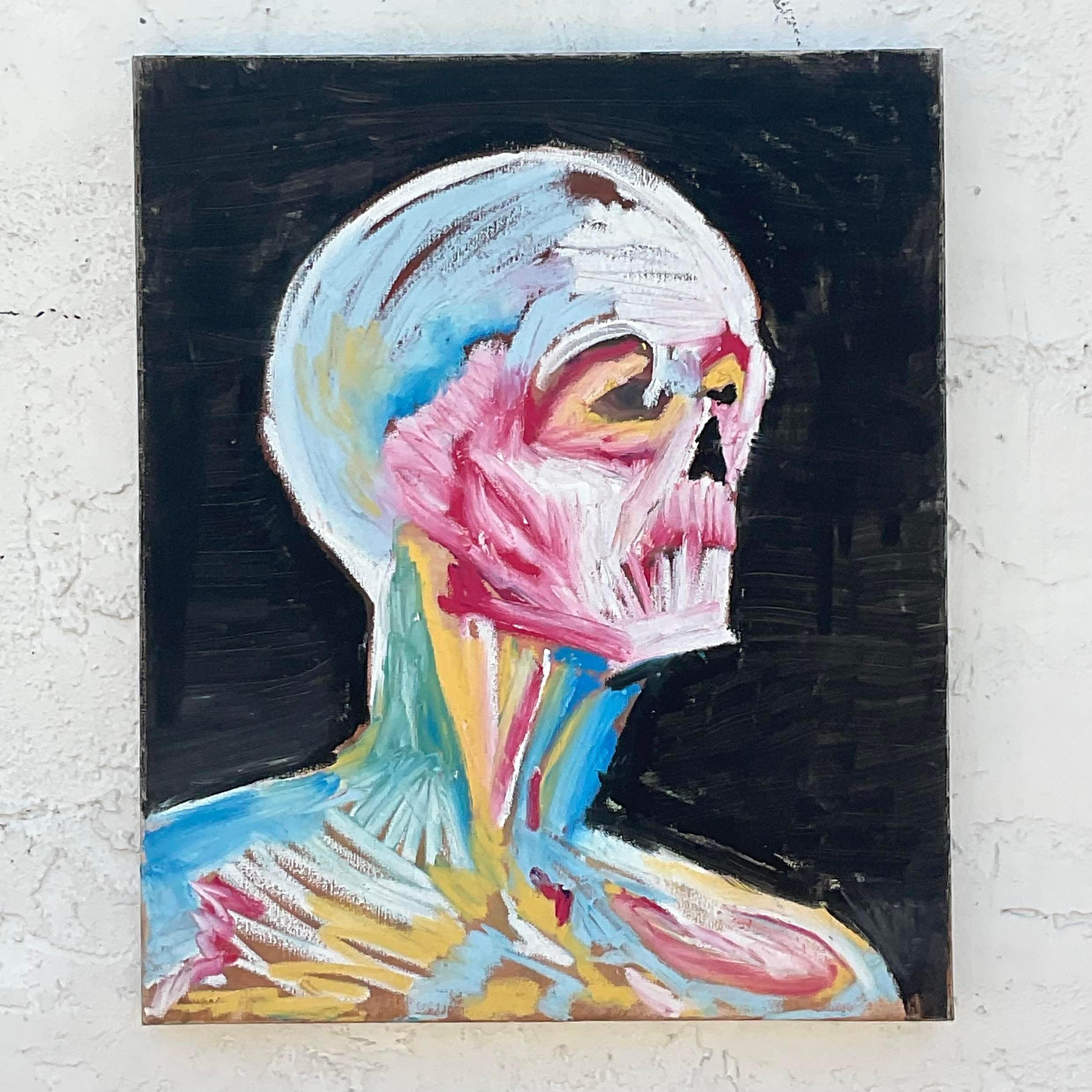 Bohémien Pittura ad olio su tela con teschio astratto vintage di Boho in vendita