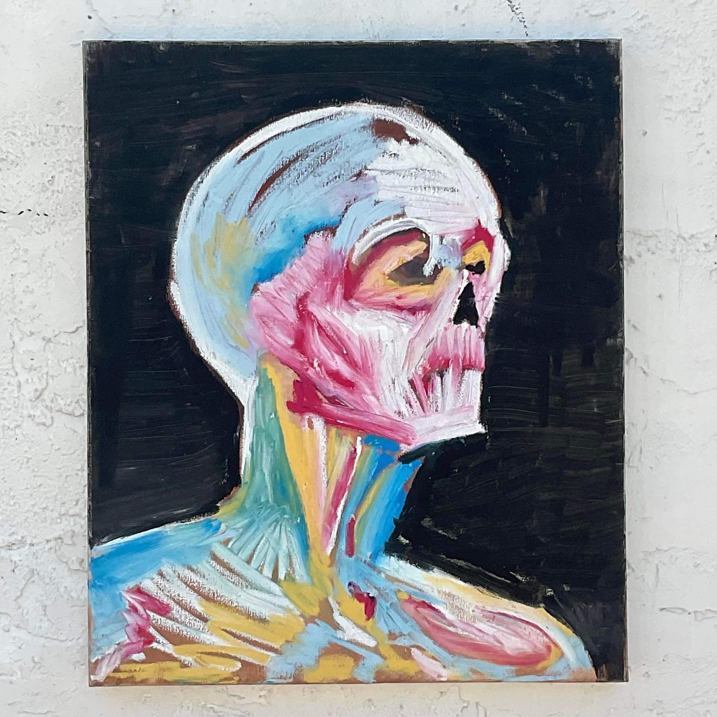 XXI secolo e contemporaneo Pittura ad olio su tela con teschio astratto vintage di Boho in vendita