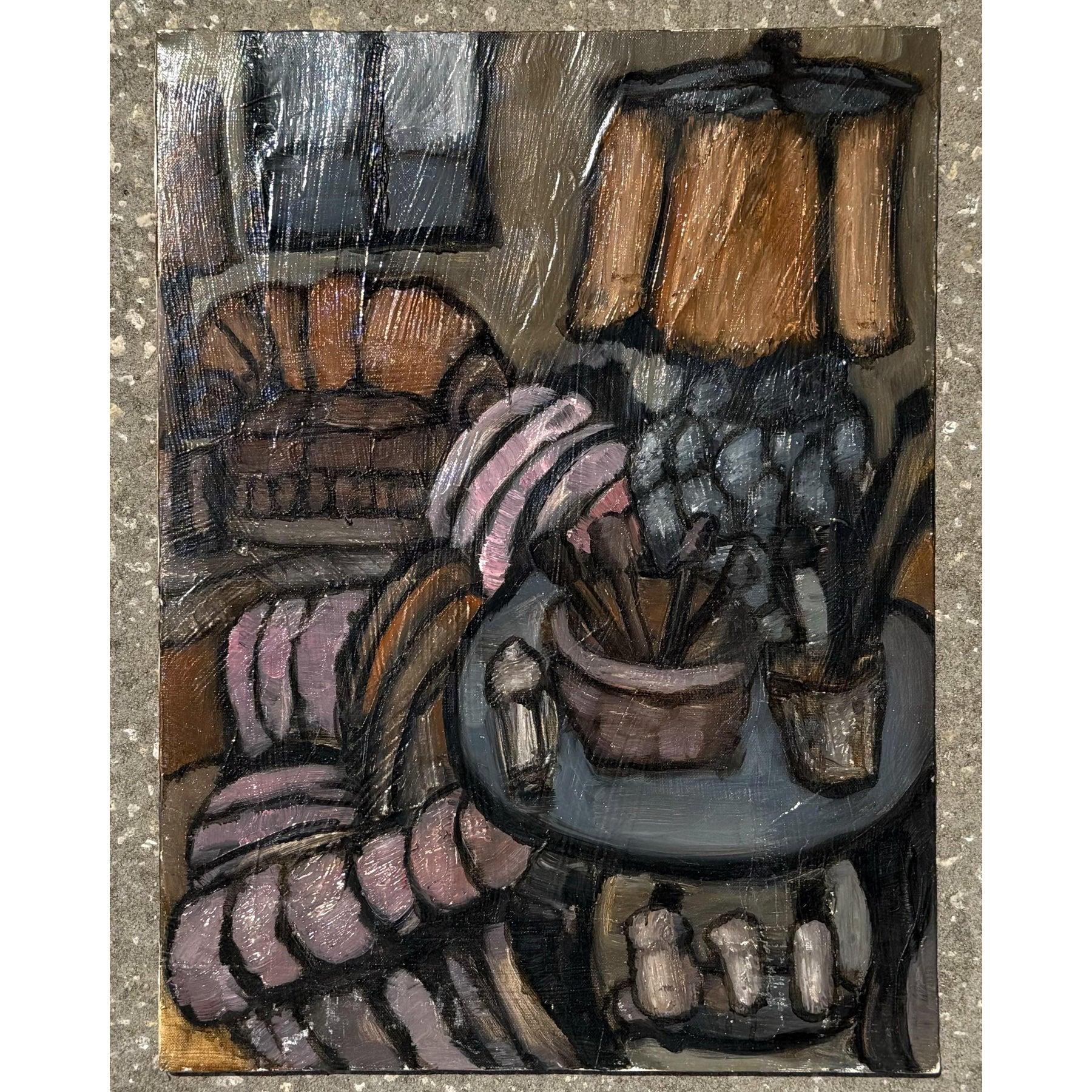 Vintage Boho Abstraktes Stillleben Öl auf Leinwand (Nordamerikanisch) im Angebot