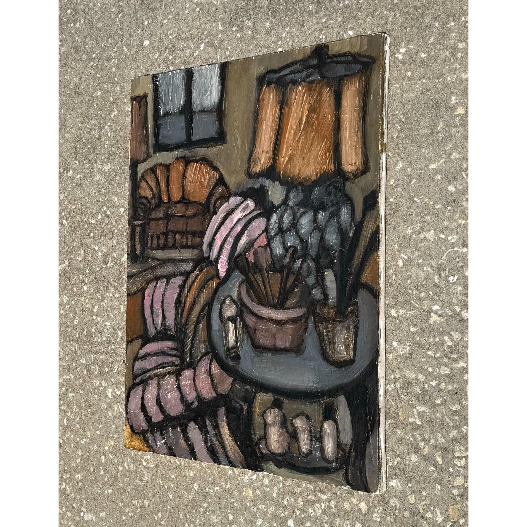 Vintage Boho Abstraktes Stillleben Öl auf Leinwand im Zustand „Gut“ im Angebot in west palm beach, FL