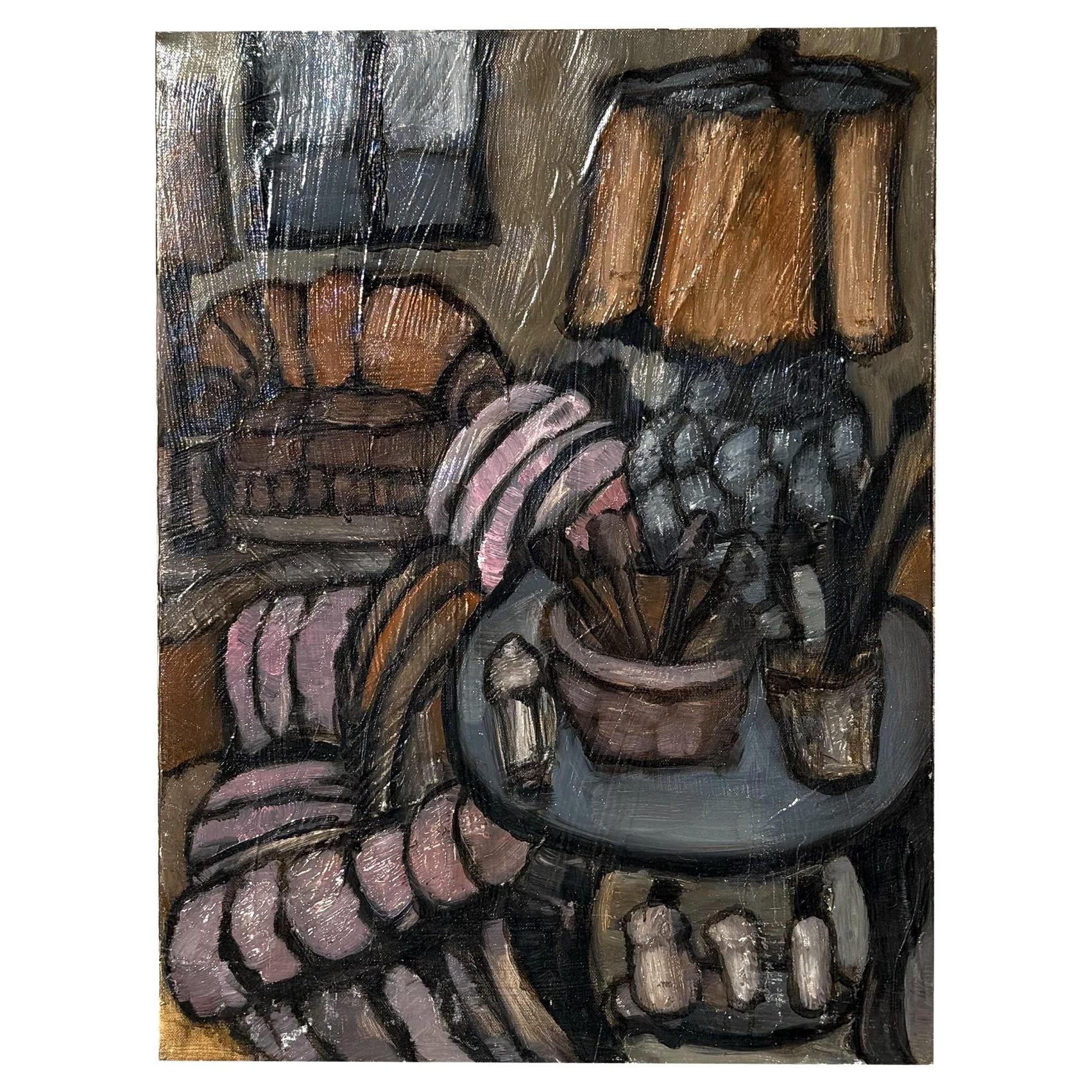 Vintage Boho Abstract Still Life Oil on Canvas