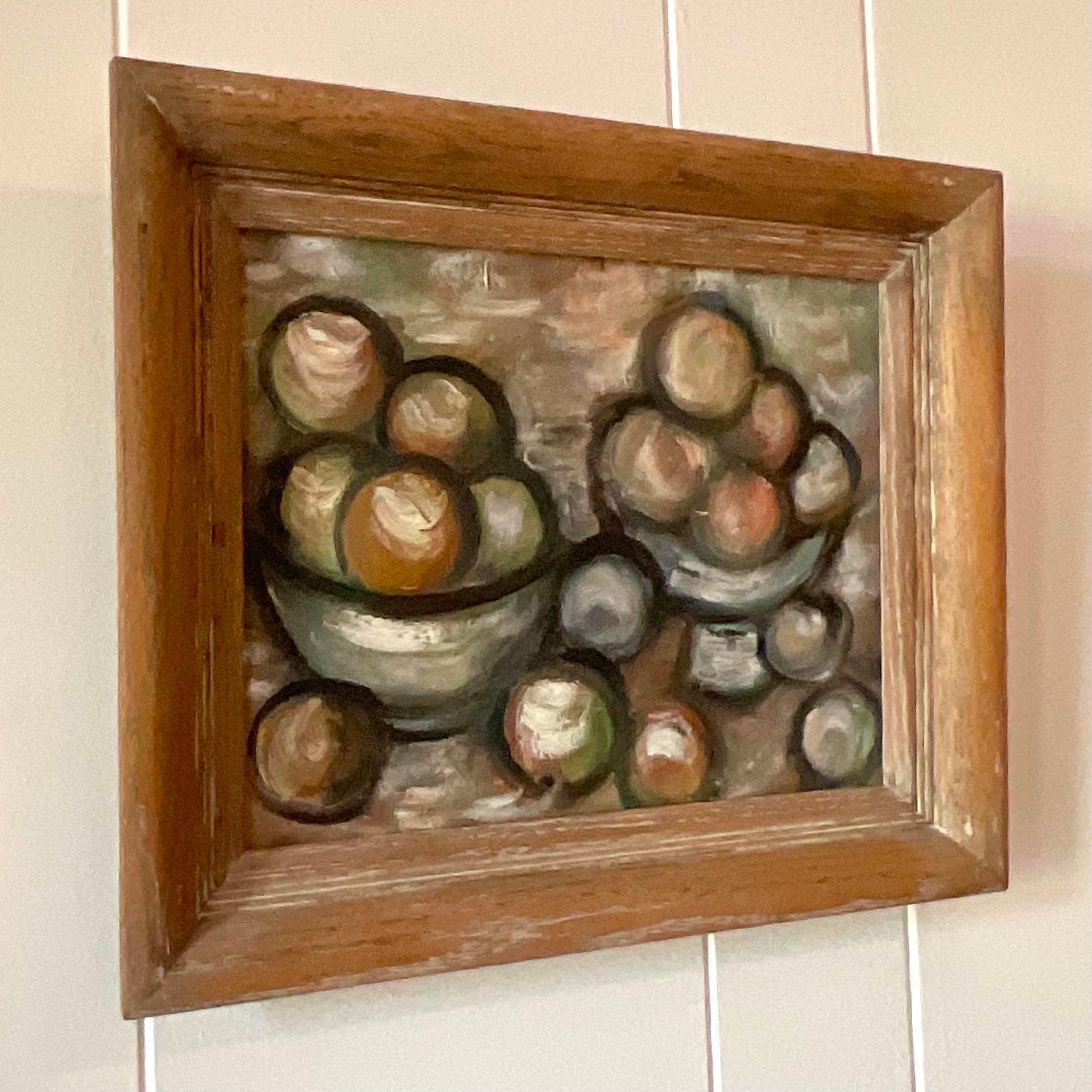 A fabulous vintage Boho signed original oil on board. A beautiful Abstract Expressionist Still life of two bowls of fruit. An homage to Paul Cezanne with traditional black outlines. Done in 1958 and signed by the artist. Acquired from a Miami estate