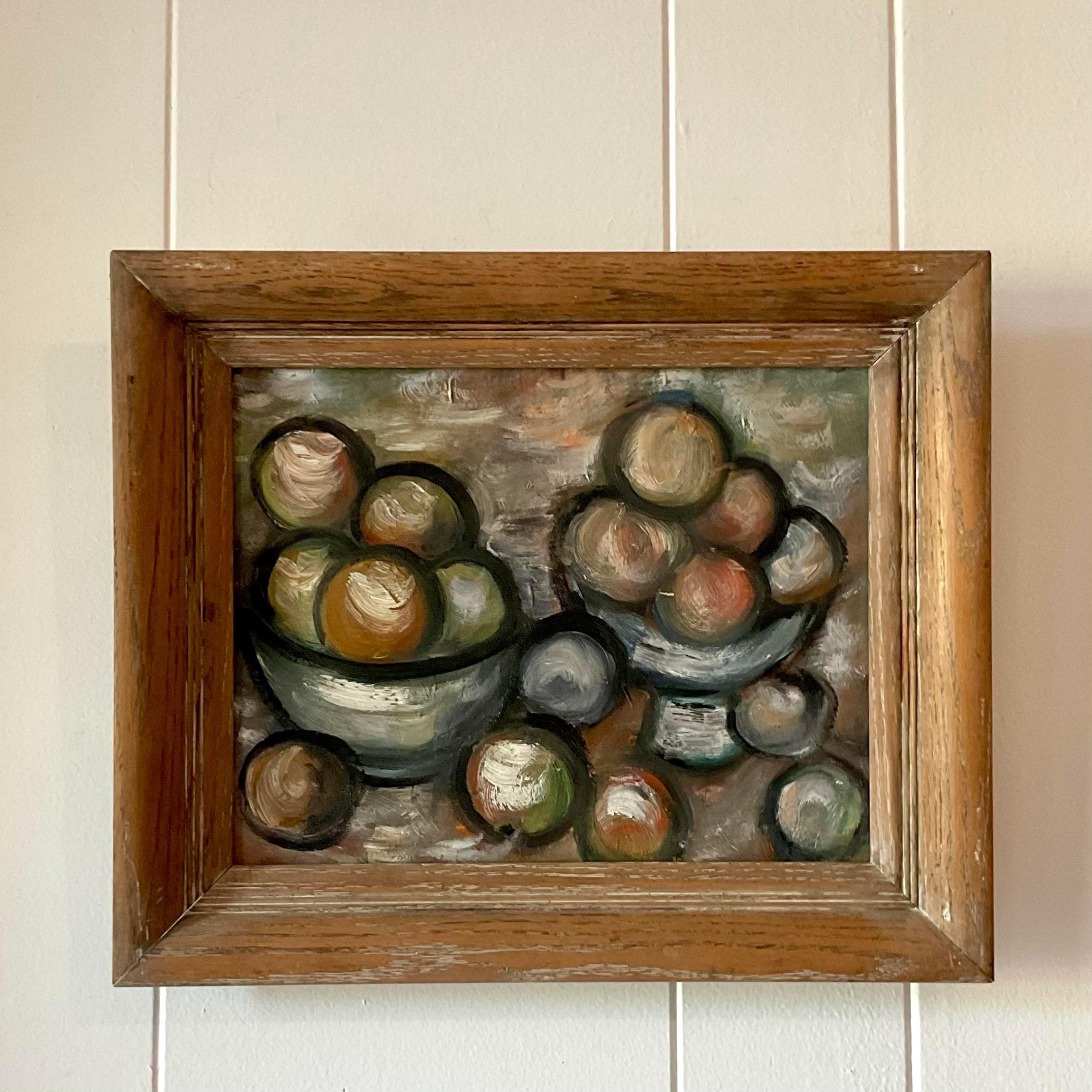 Wood Vintage Abstract Still Life Painting of Fruit Bowls For Sale