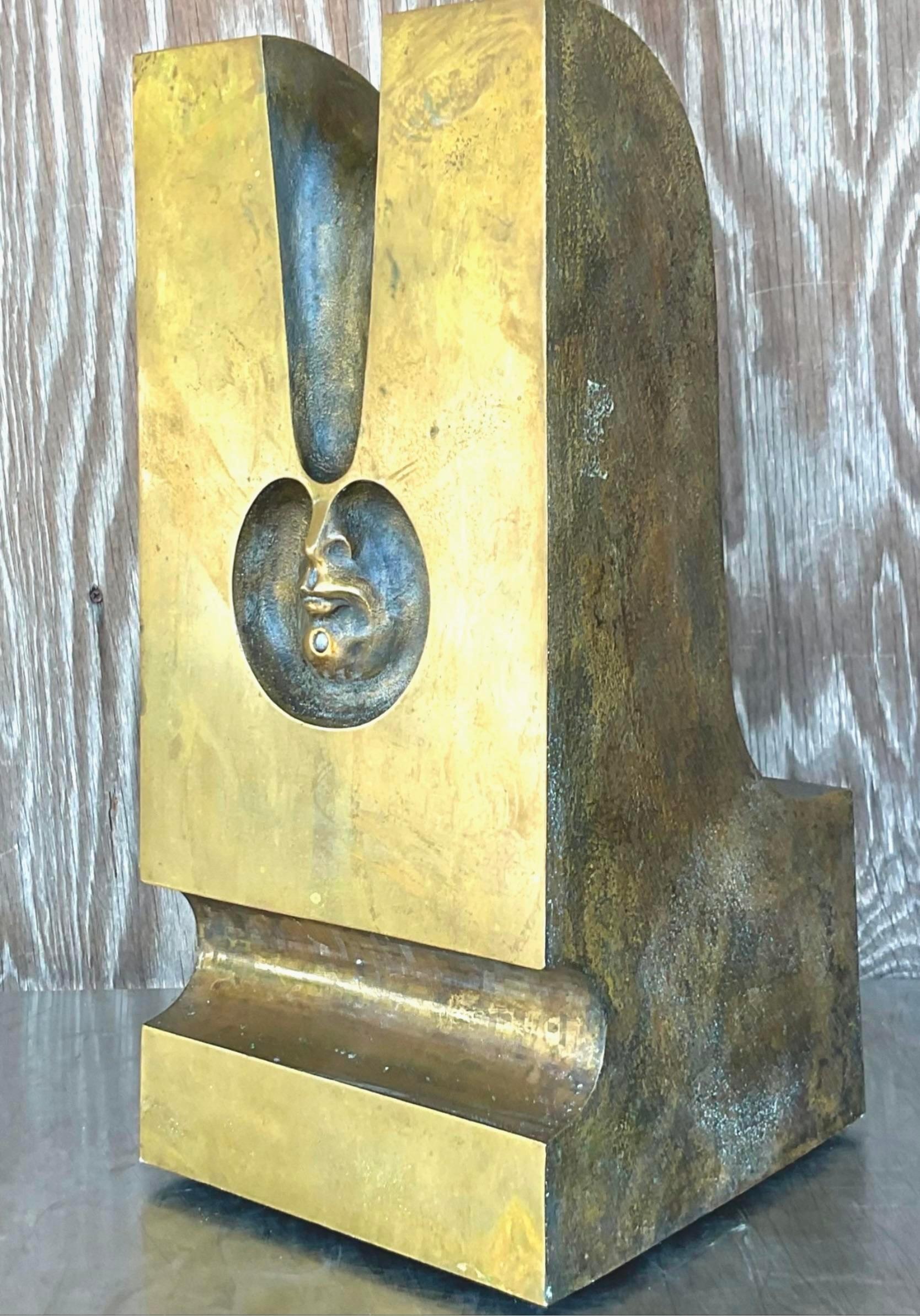 Vintage Boho Abstract Surrealist Stamped Bronze Sculpture on Wooden Plinth For Sale 4