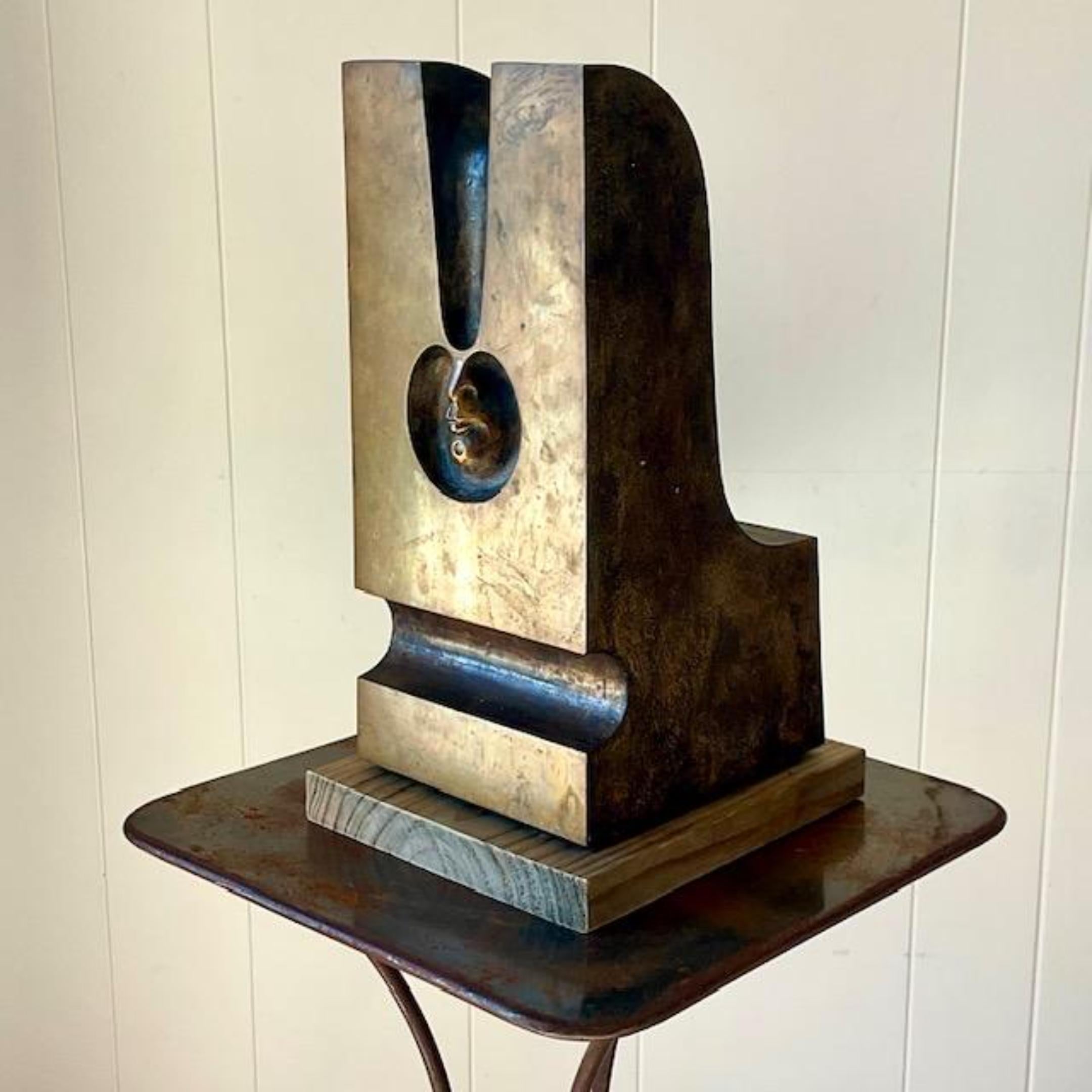 American Vintage Boho Abstract Surrealist Stamped Bronze Sculpture on Wooden Plinth For Sale