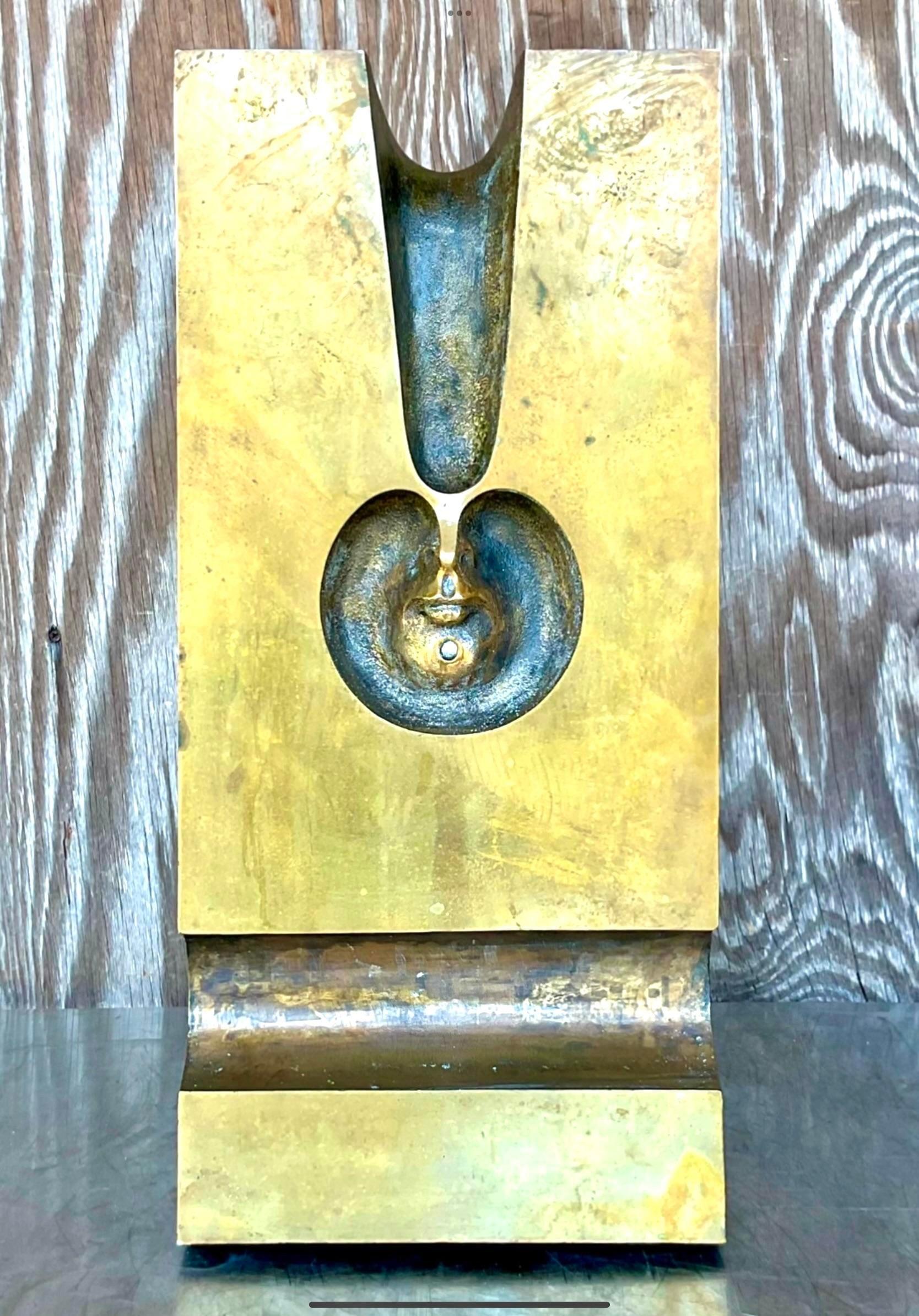 Vintage Boho Abstract Surrealist Stamped Bronze Sculpture on Wooden Plinth For Sale 2