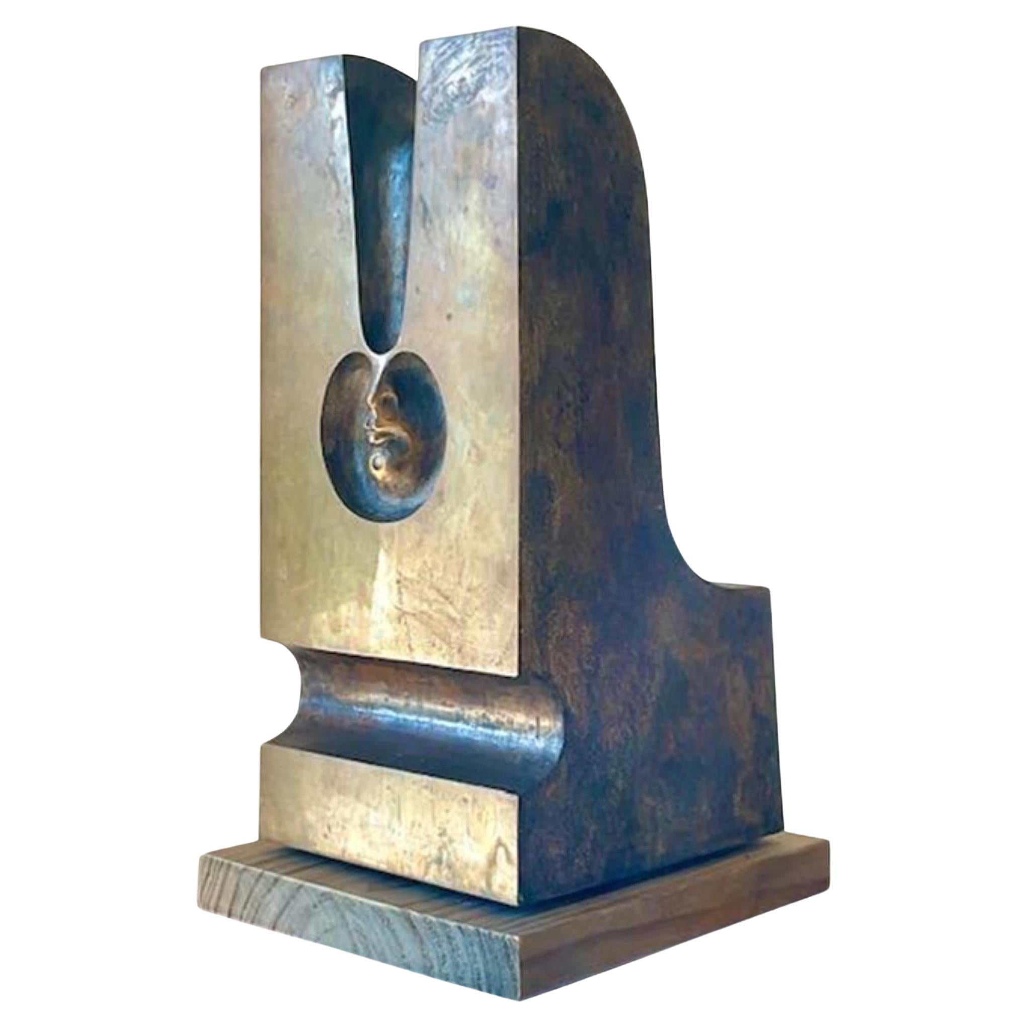 Vintage Boho Abstract Surrealist Stamped Bronze Sculpture on Wooden Plinth For Sale