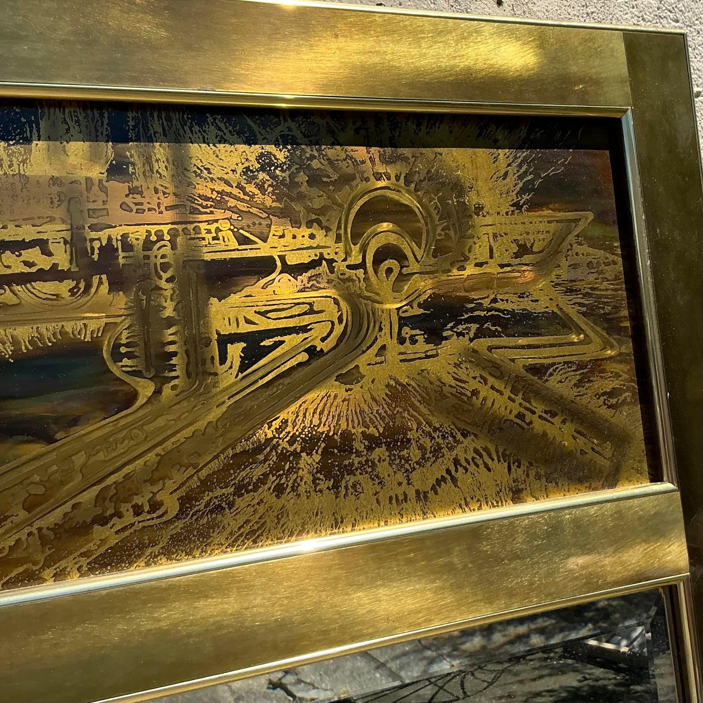 Infusez votre espace d'une élégance bohème vintage grâce à ce miroir gravé à l'acide, inspiré par Bernard Rohne pour Mastercraft. Ses détails complexes et sa riche patine évoquent un sens de l'artisanat, tandis que la surface réfléchissante ajoute à
