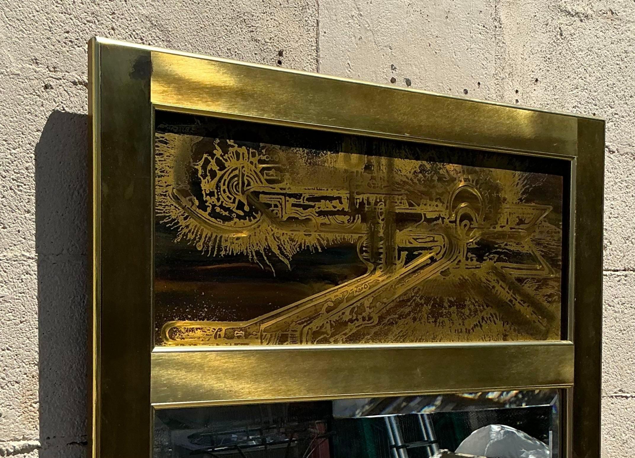 20ième siècle Miroir Boho gravé à l'acide d'après Bernard Rohne pour Mastercraft en vente
