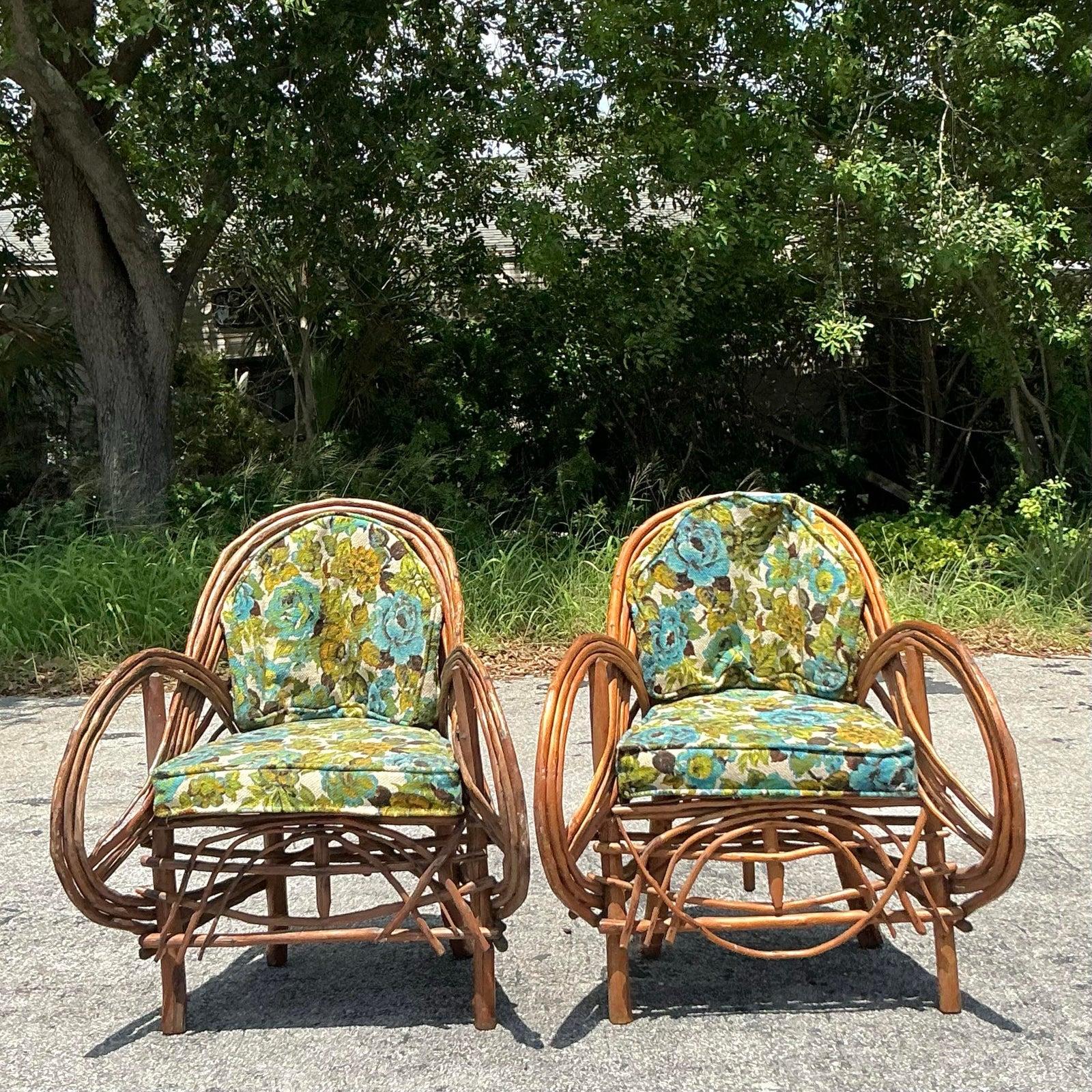 American Vintage Boho Adirondack Twig Lounge Chairs - A Pair For Sale