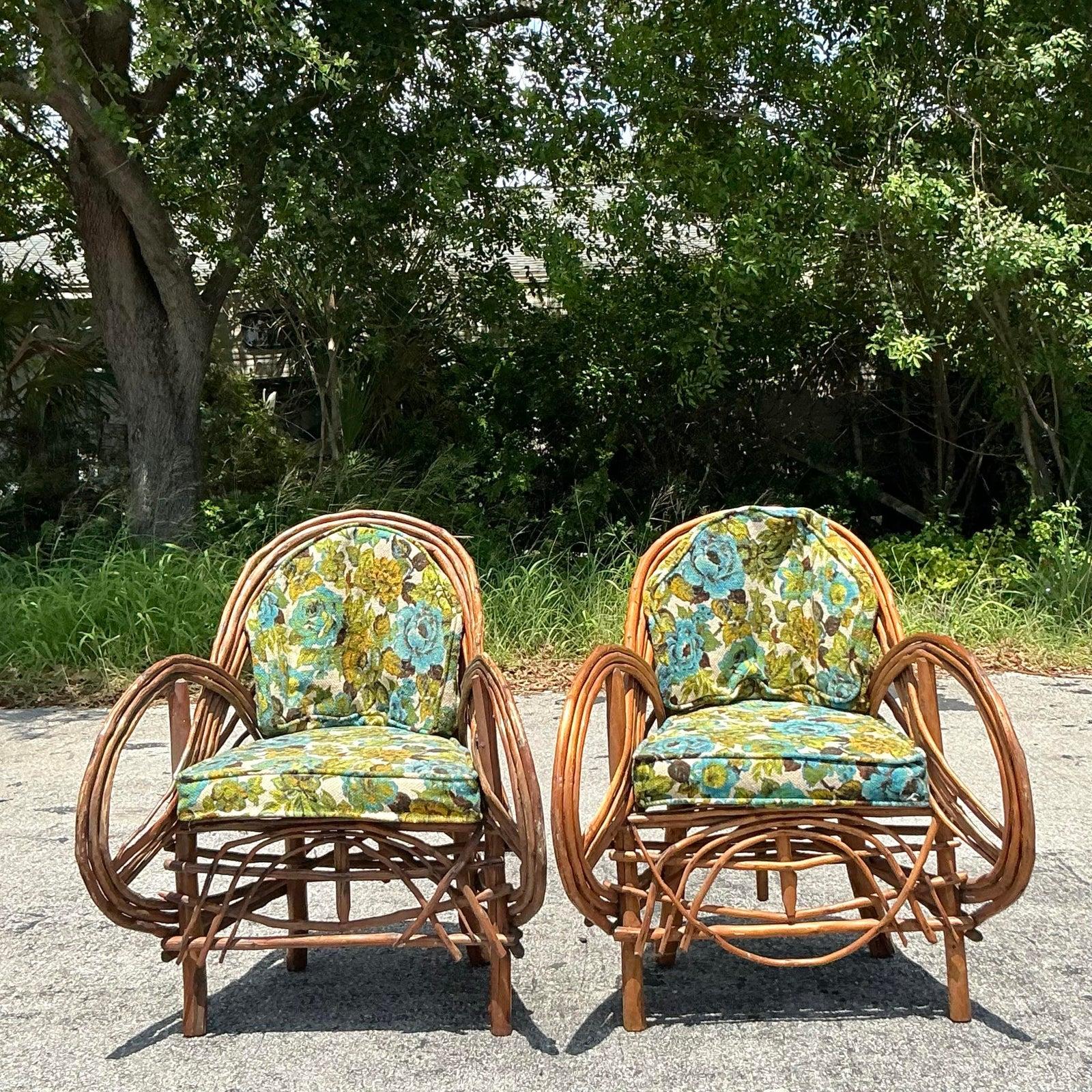 Vintage Boho Adirondack Twig Lounge Chairs - A Pair In Good Condition For Sale In west palm beach, FL