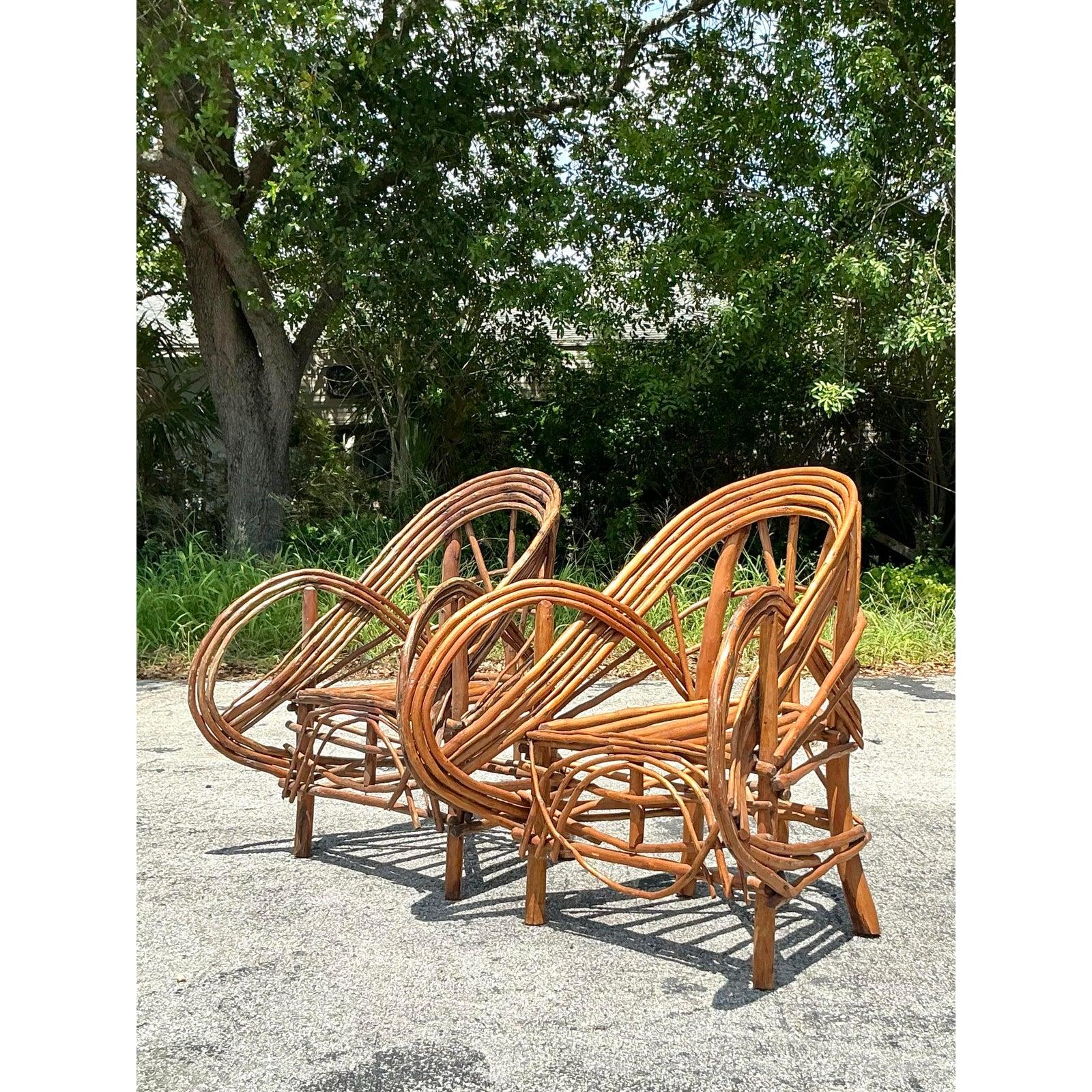 20th Century Vintage Boho Adirondack Twig Lounge Chairs - A Pair For Sale