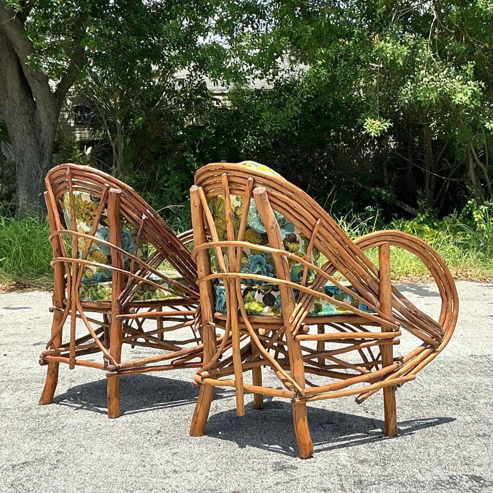 Fabric Vintage Boho Adirondack Twig Lounge Chairs - A Pair For Sale