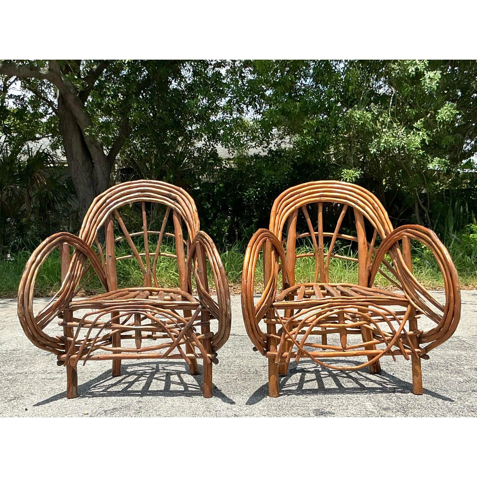 Vintage Boho Adirondack Twig Lounge Chairs - A Pair For Sale 2
