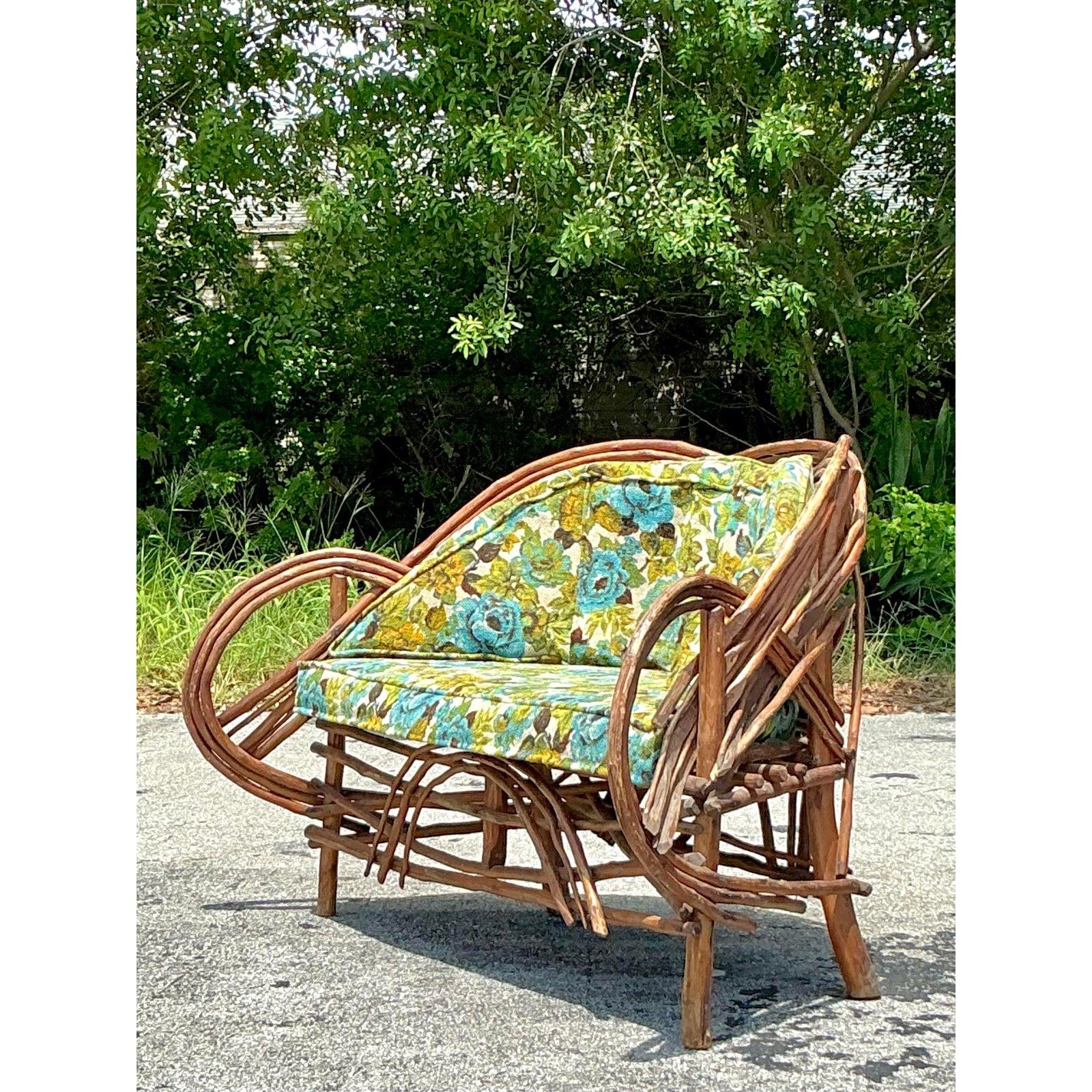20th Century Vintage Boho Adirondack Twig Sofa For Sale