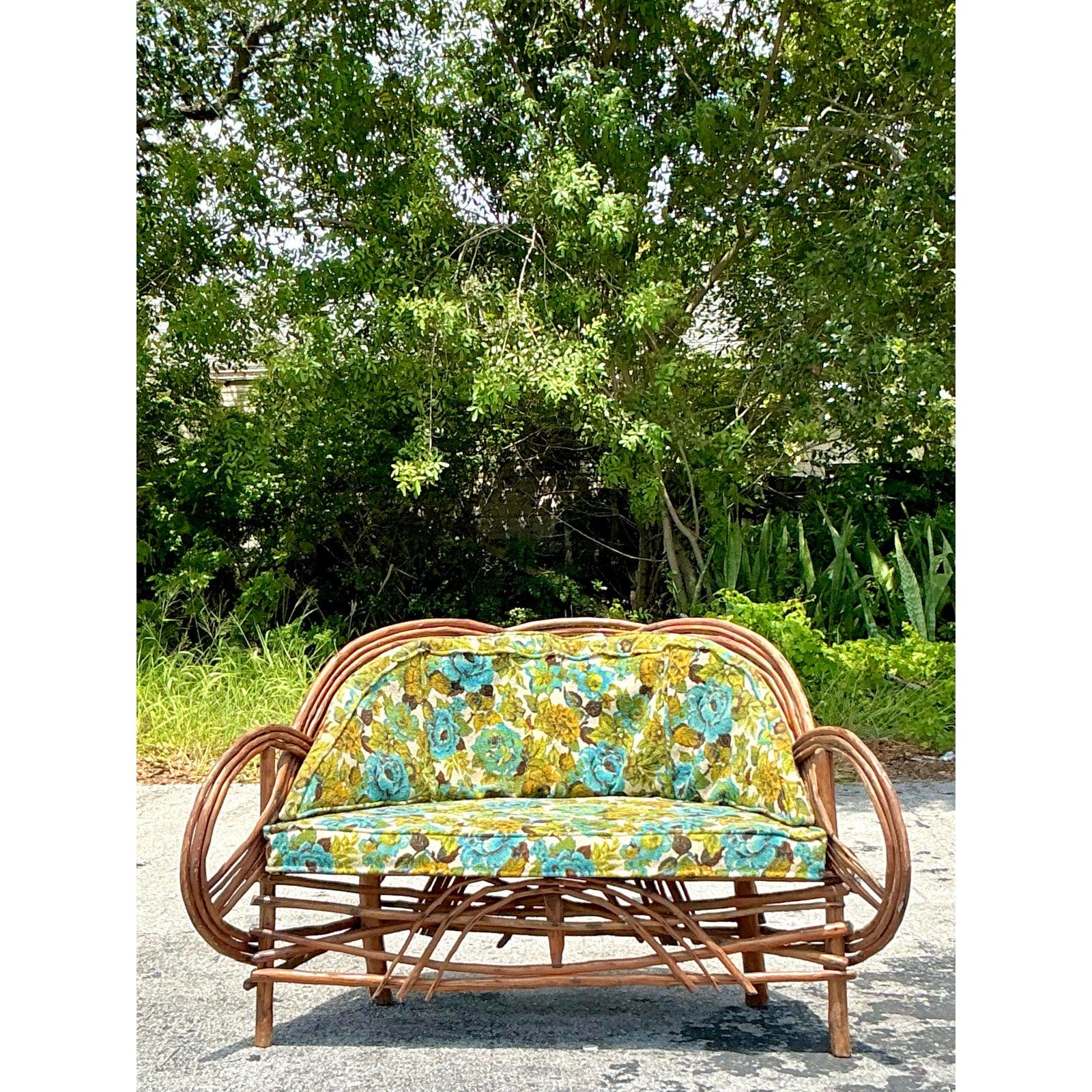 Fabric Vintage Boho Adirondack Twig Sofa For Sale