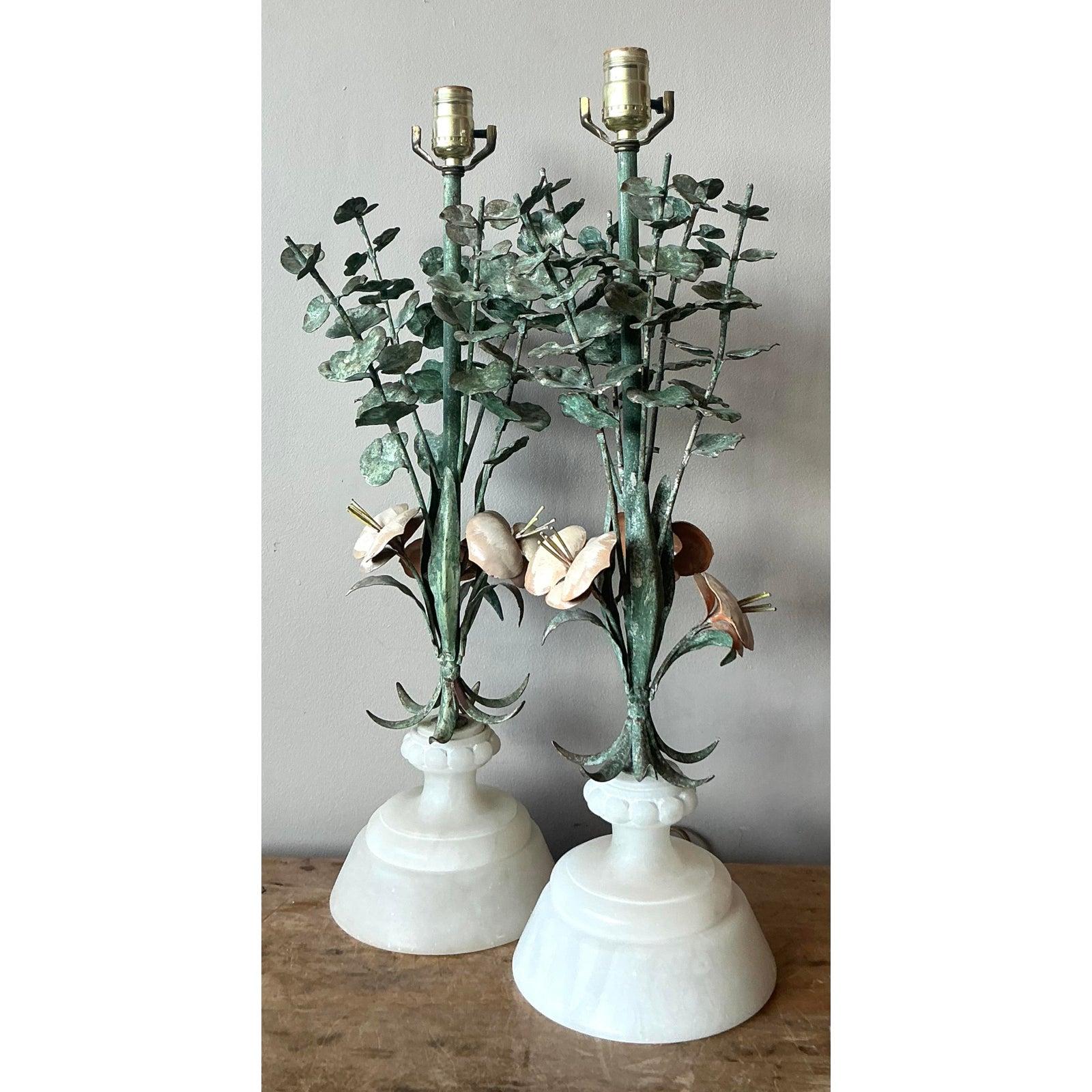 Lámparas Vintage Boho de Alabastro y Eucalipto Patinado - Pareja Estadounidense en venta