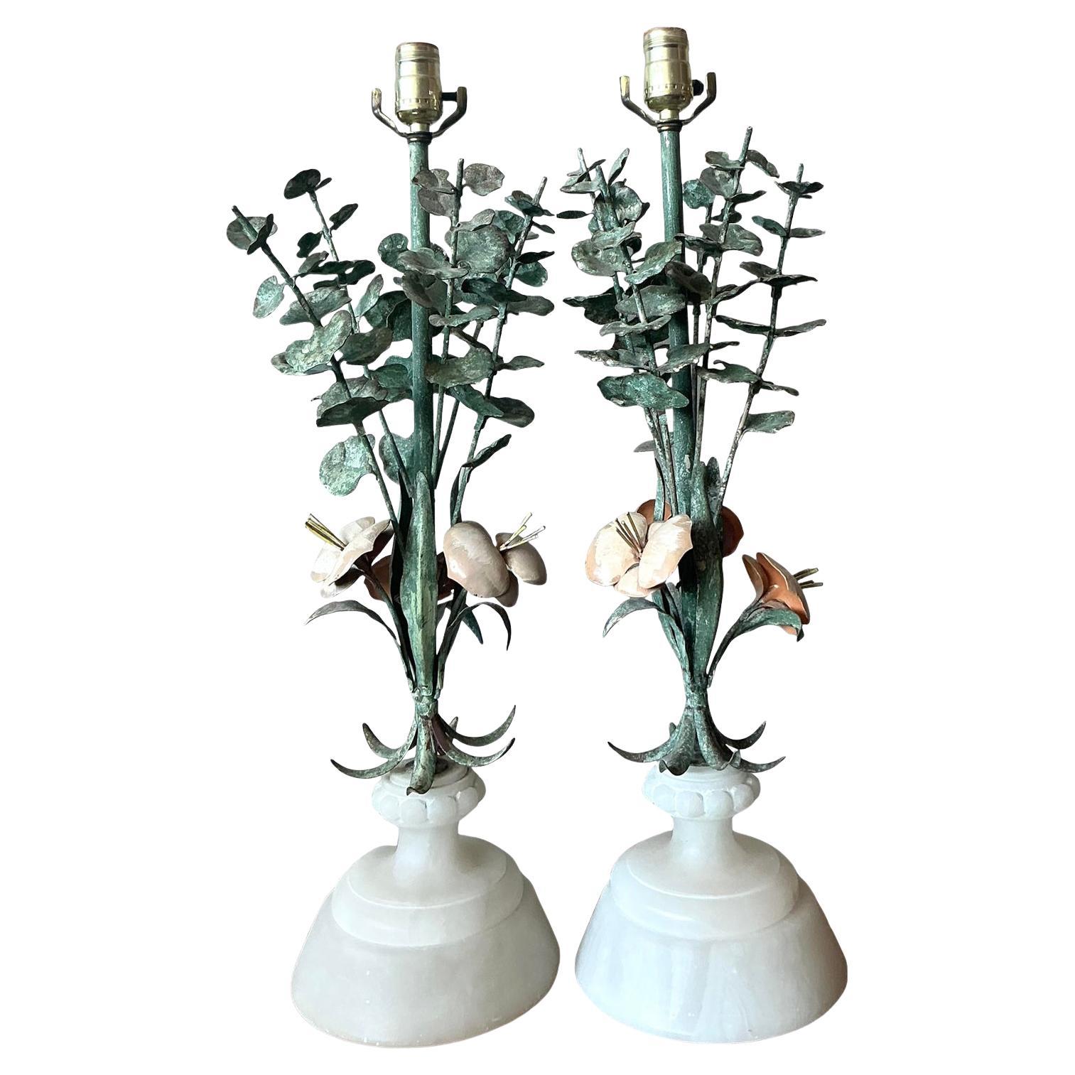 Vintage Boho Alabaster and Patinated Eucalyptus Lamps - A Pair