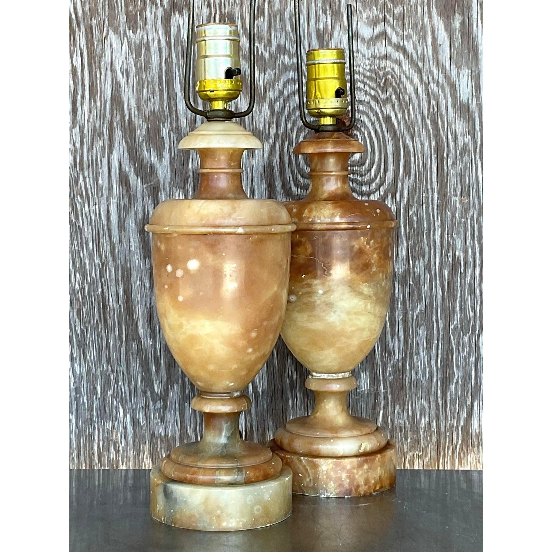 Cette élégante paire de lampes urnes vintage en albâtre témoigne d'un savoir-faire intemporel et d'une beauté naturelle. Les tons chauds et terreux de l'albâtre finement poli créent un effet doux et lumineux, tandis que la silhouette classique de