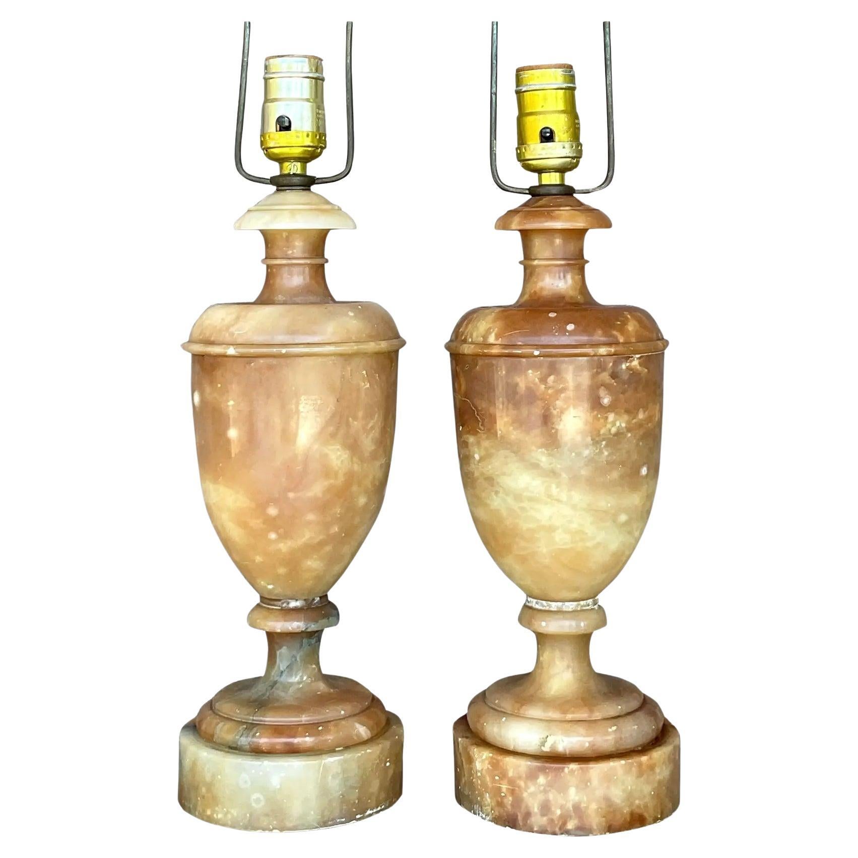 Vintage Boho Alabaster Urn Lamps - a Pair