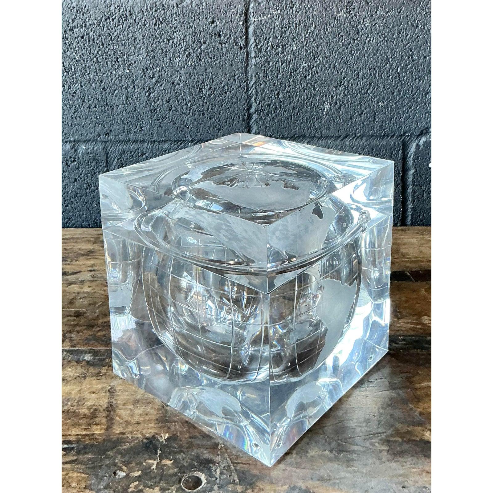 Vintage Boho Alessandro Albrizzi Lucite Globe Ice Bucket In Good Condition For Sale In West Palm Beach, FL