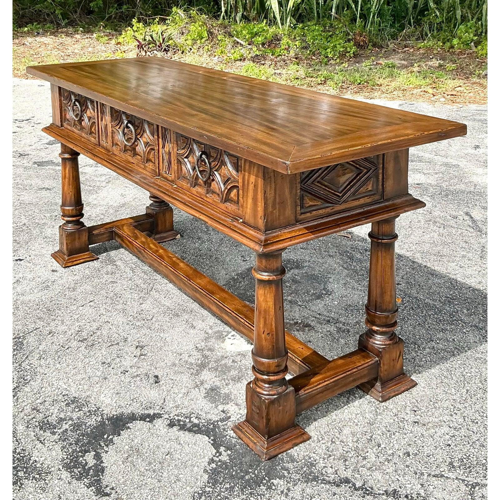 Vintage Boho Alphonso Marina, geschnitzter hoher Konsolentisch, Vintage im Zustand „Gut“ im Angebot in west palm beach, FL