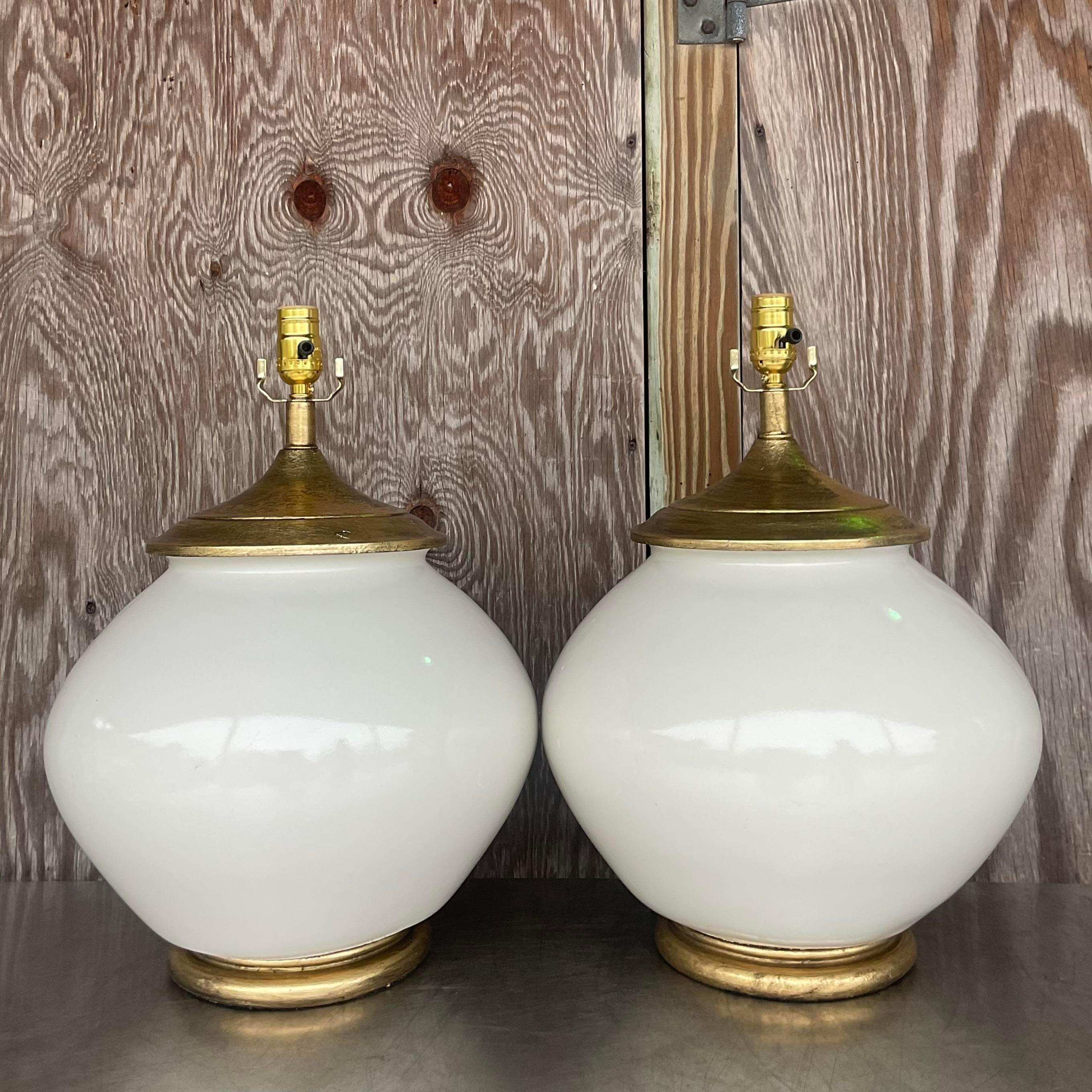 American Vintage Boho Alsy Glazed Ceramic Lamps - a Pair For Sale