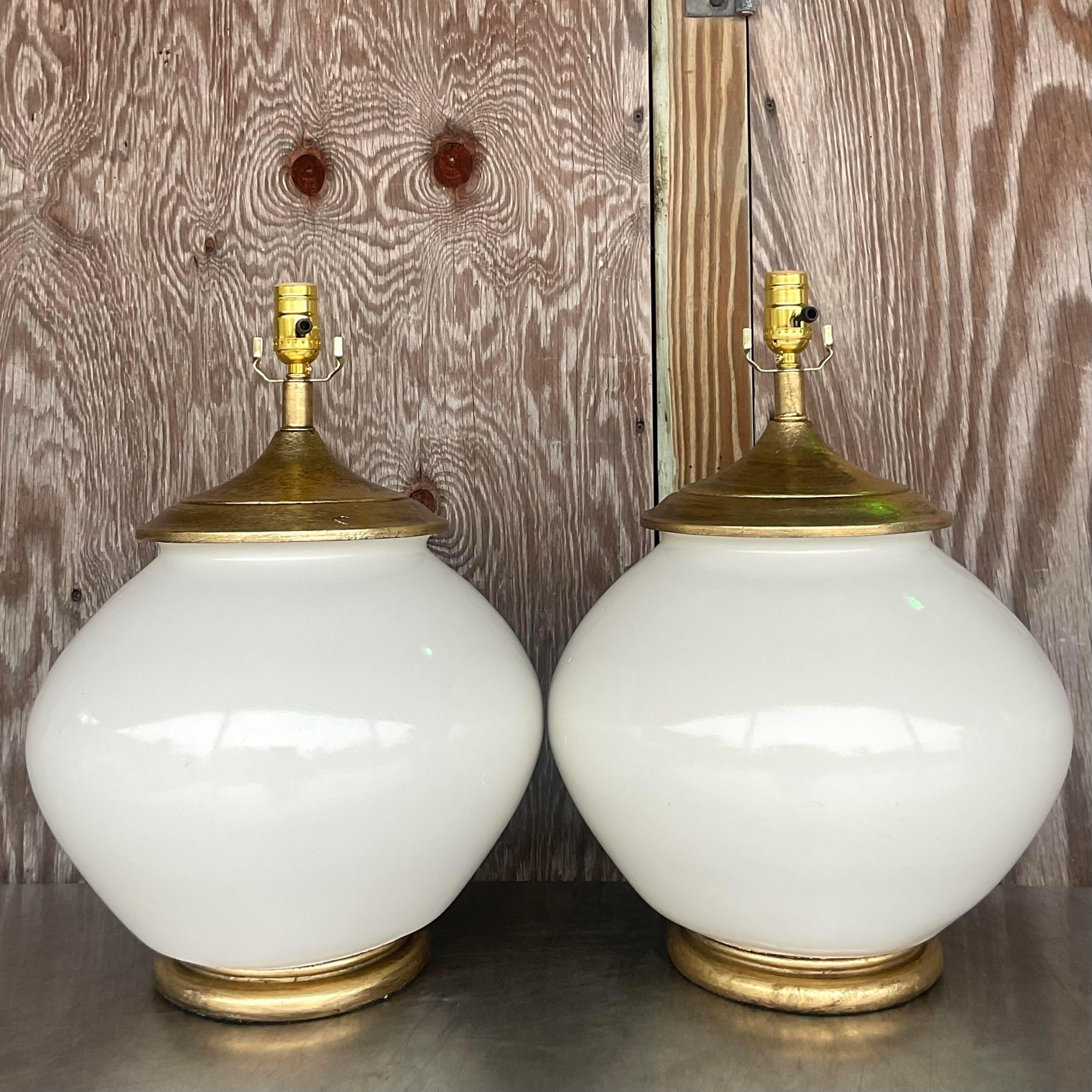 Vintage Boho Alsy Glazed Ceramic Lamps - a Pair For Sale 1