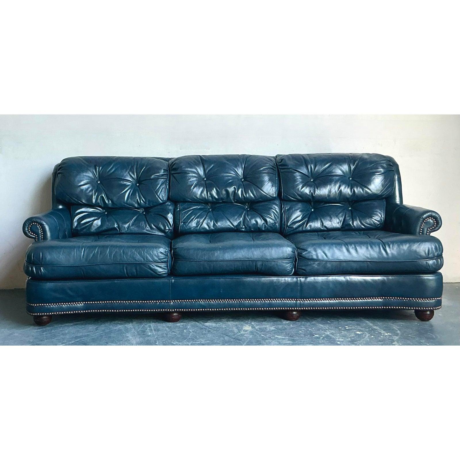 Brass Vintage Boho American Leather Tufted Chesterfield Sofa For Sale