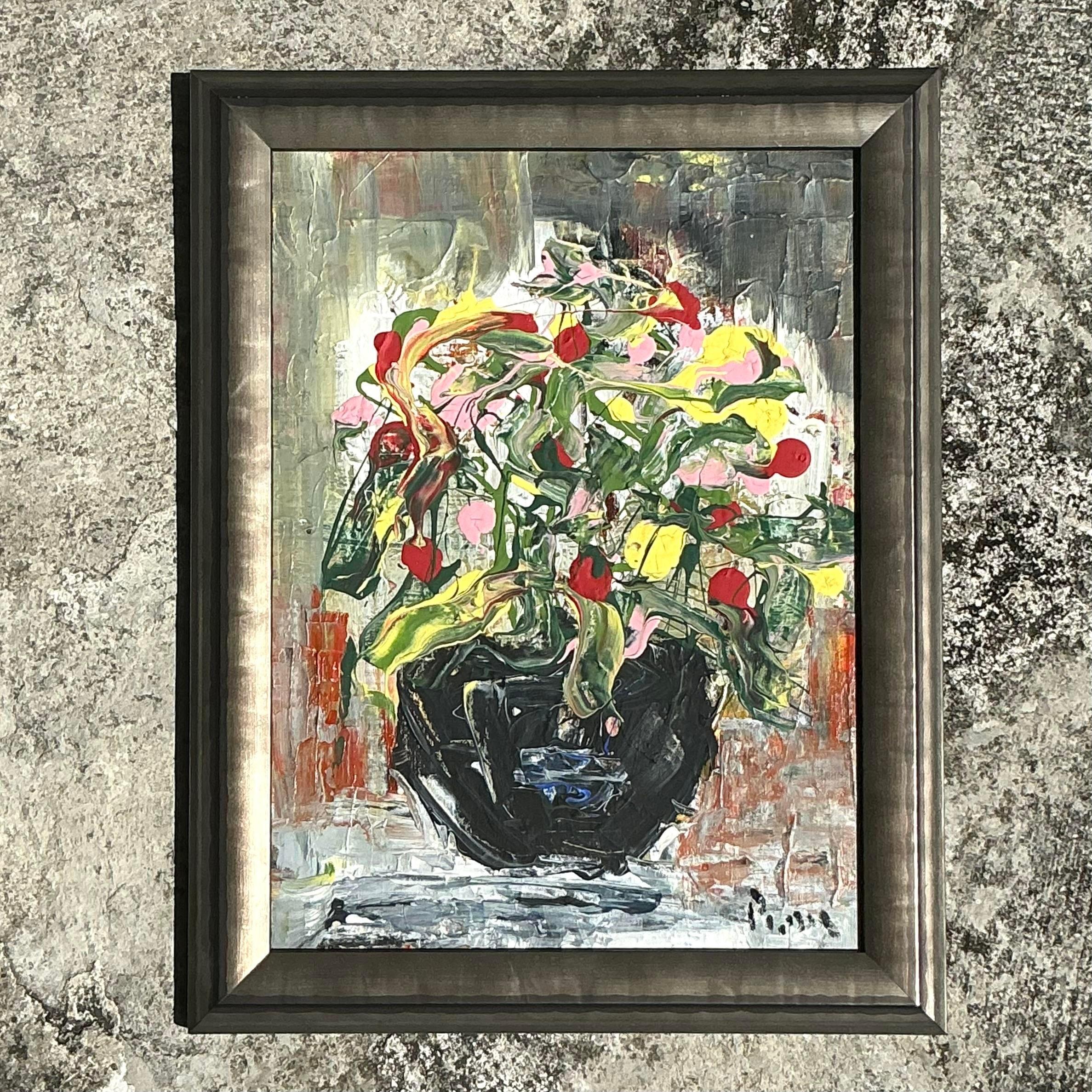Bringen Sie kühne Kunstfertigkeit in Ihren Raum mit diesem Vintage Boho Andrew Plum Abstract Floral Stück. Mit seinen leuchtenden Farben und fließenden, abstrakten Blumenmustern fängt dieses Kunstwerk die Essenz des Bohème-Stils mit einem modernen