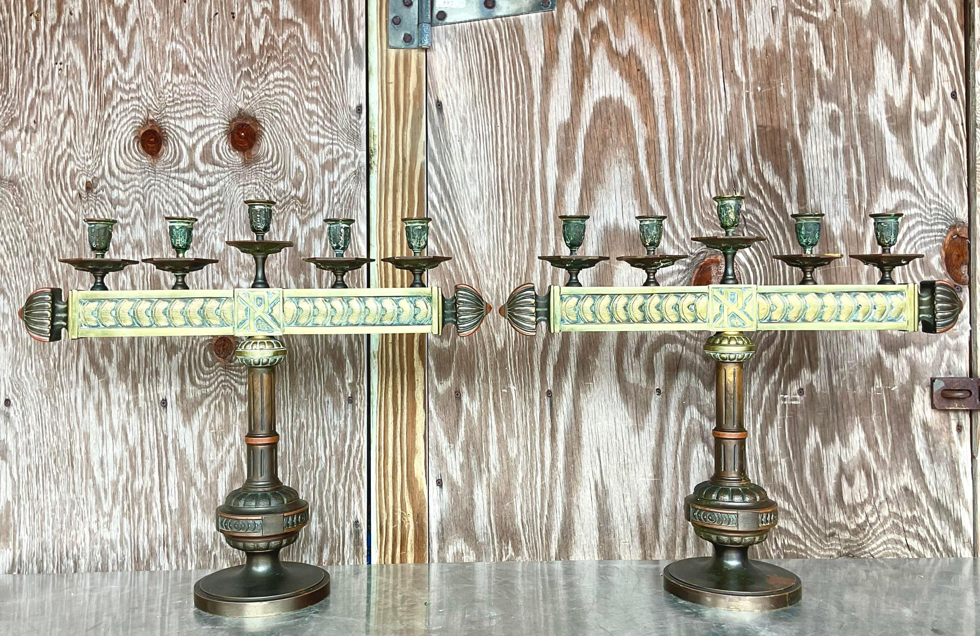 American Vintage Boho Antique Bronze Altar Candelabras- a Pair For Sale
