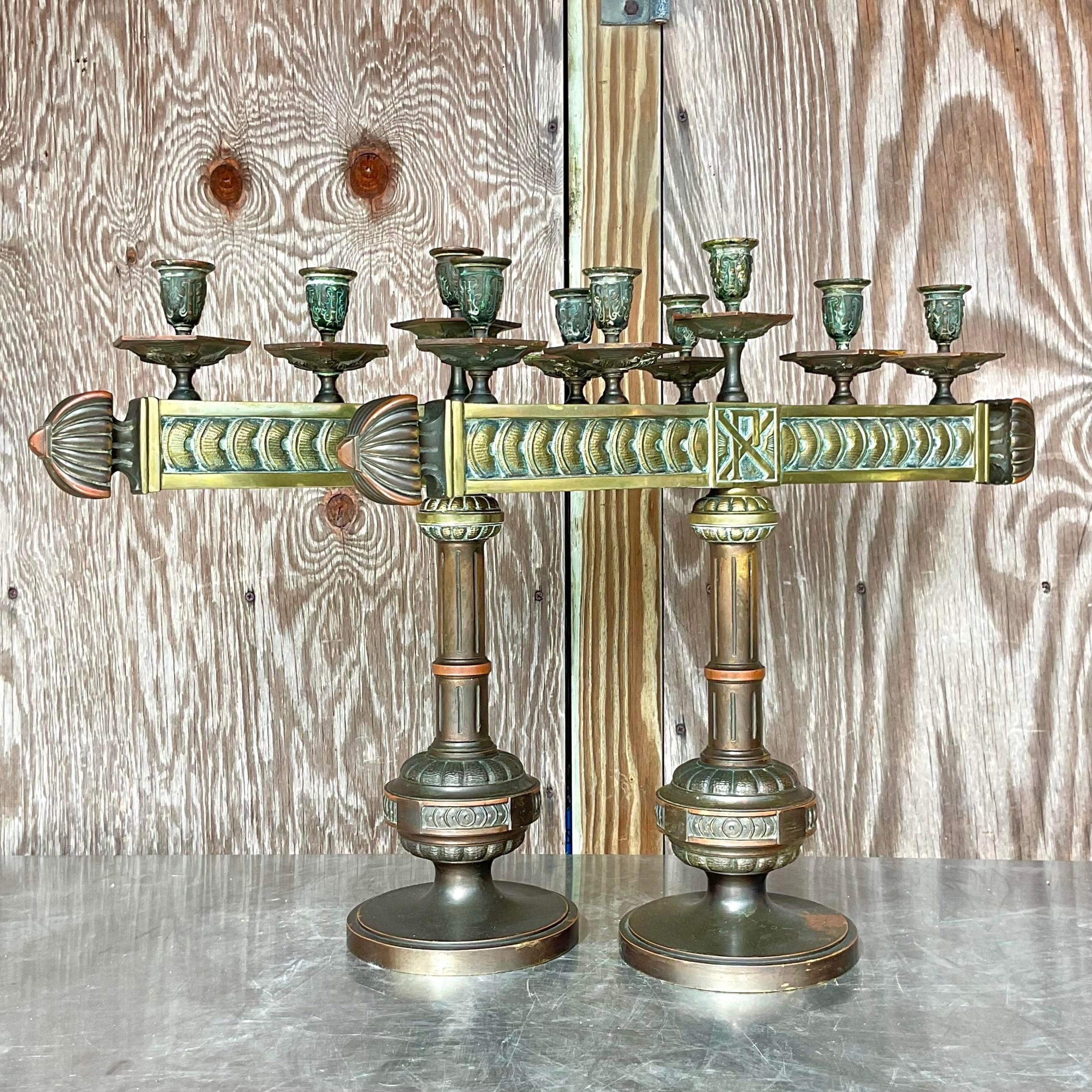 Vintage Boho Antique Bronze Altar Candelabras- a Pair In Good Condition For Sale In west palm beach, FL