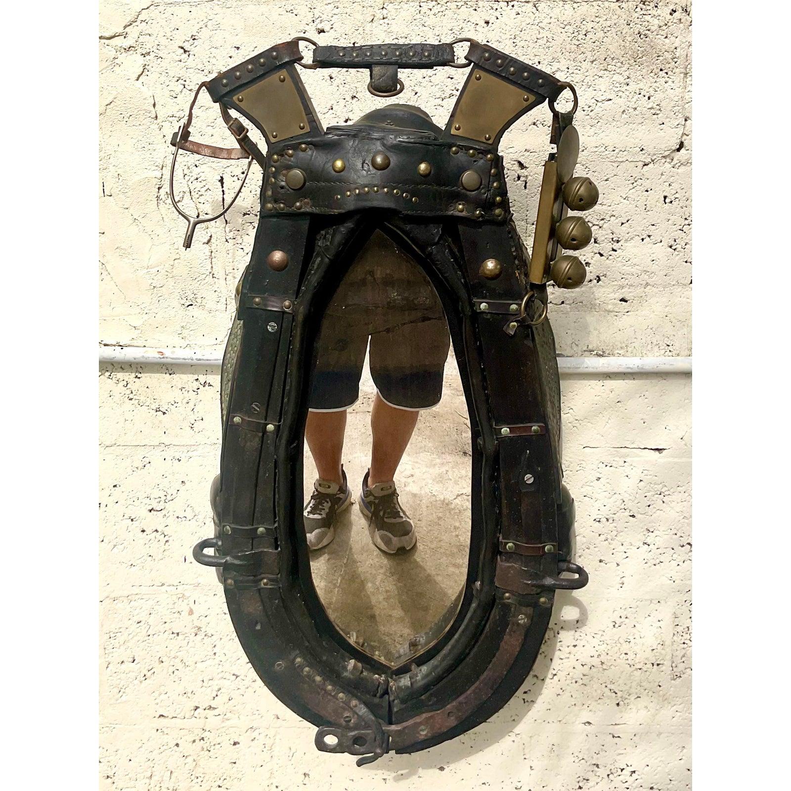 Leather Vintage Boho Antique Horse Harness Mirror For Sale