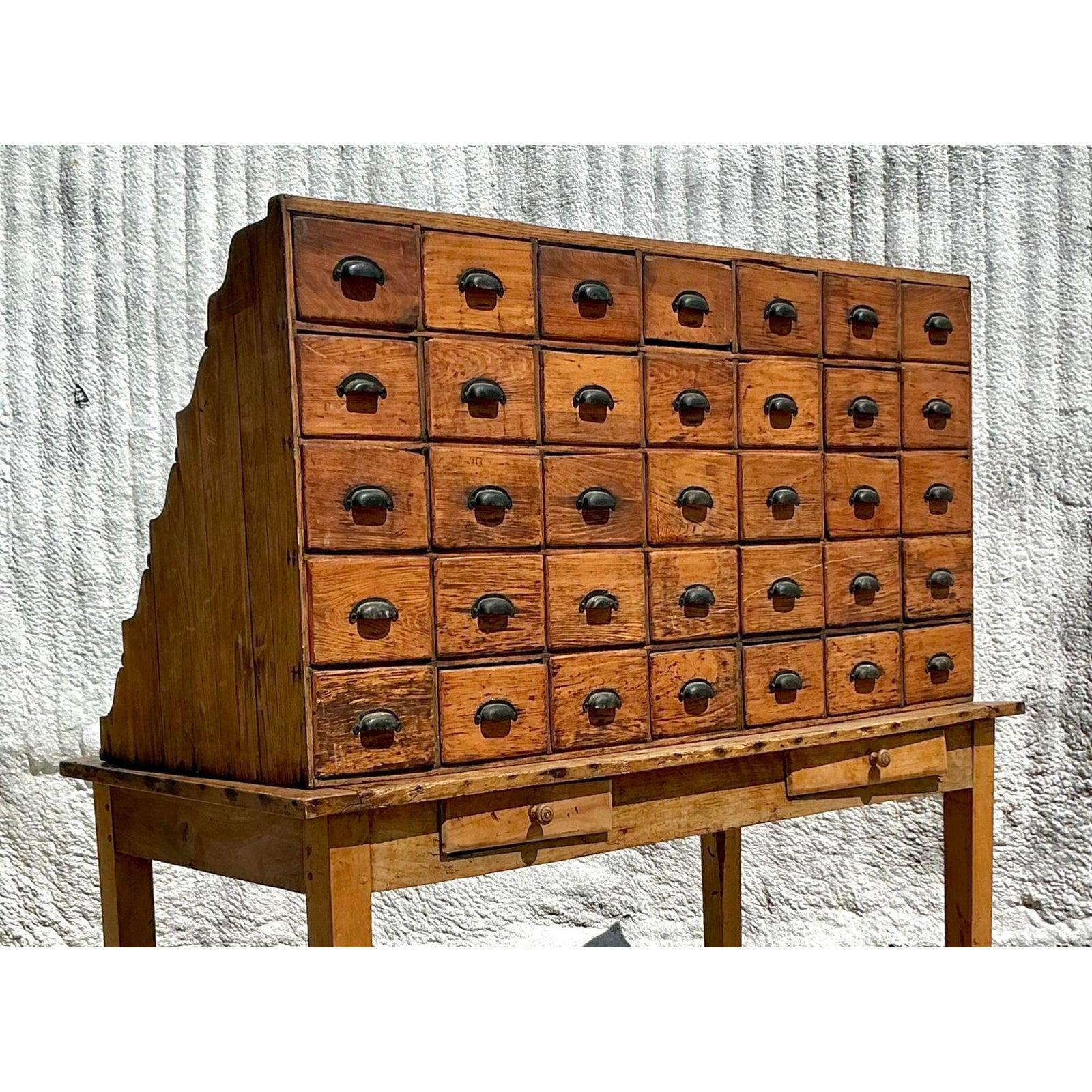 Infuse your space with the character and charm of this stunning vintage apothecary chest. Its design features a mesmerizing grid of thirty individual drawers, creating a striking graphic presence and a delightful sense of order. Crafted from rich,
