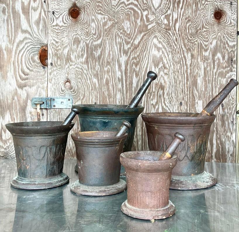 20th Century Vintage Boho Apothecary Wrought Iron Mortar and Pestle - Set of 5 For Sale