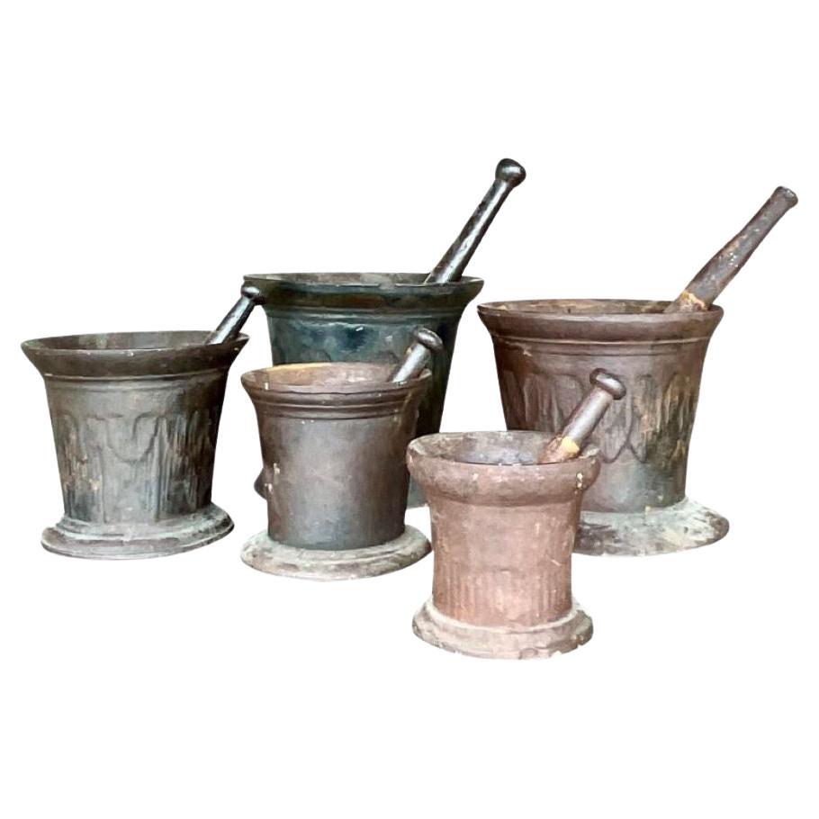 Vintage Boho Apothecary Wrought Iron Mortar and Pestle - Set of 5 For Sale