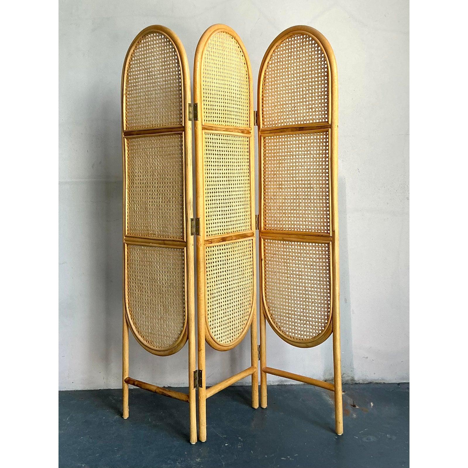 Élevez votre espace de vie avec ce captivant paravent vintage Boho en canne arquée, qui témoigne de l'esthétique à la fois décontractée et sophistiquée des années 1970. Fabriquée à partir de rotin naturel et de canne tressée de manière complexe,